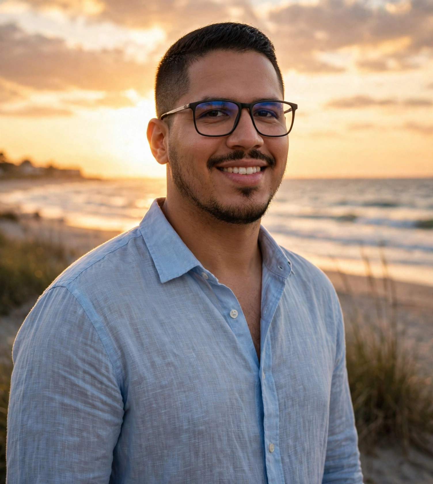 Julio Junior na praia ao pôr do sol