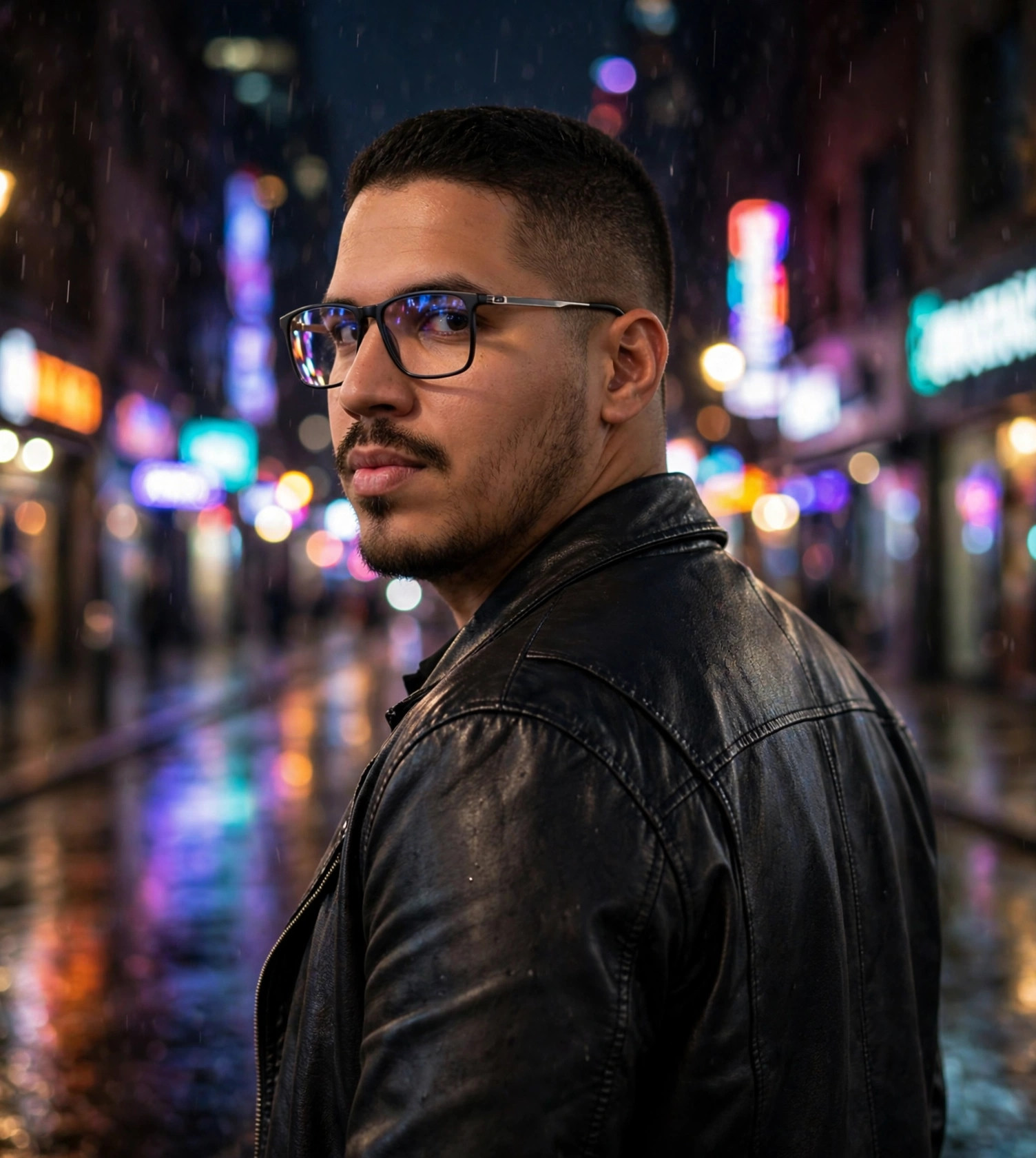 Julio Junior à noite na cidade, jaqueta de couro