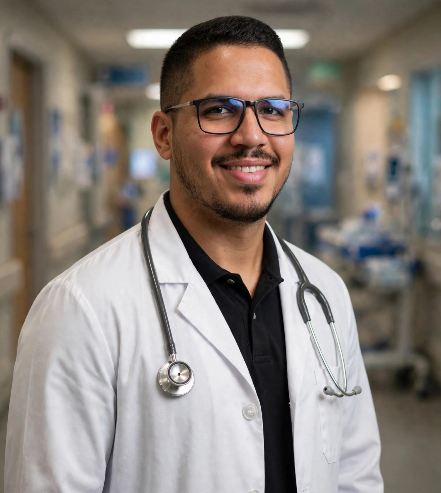 Julio Junior médico, jaleco branco e estetoscópio