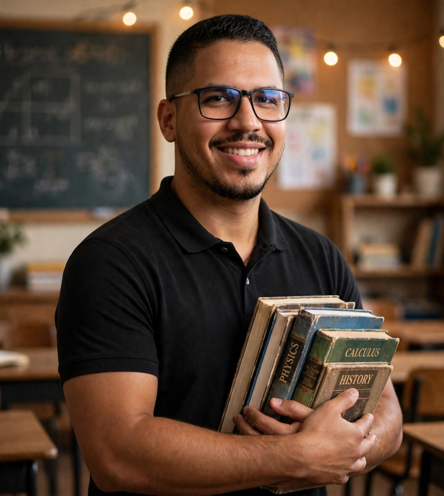 Julio Junior professor, segurando livros na sala de aula