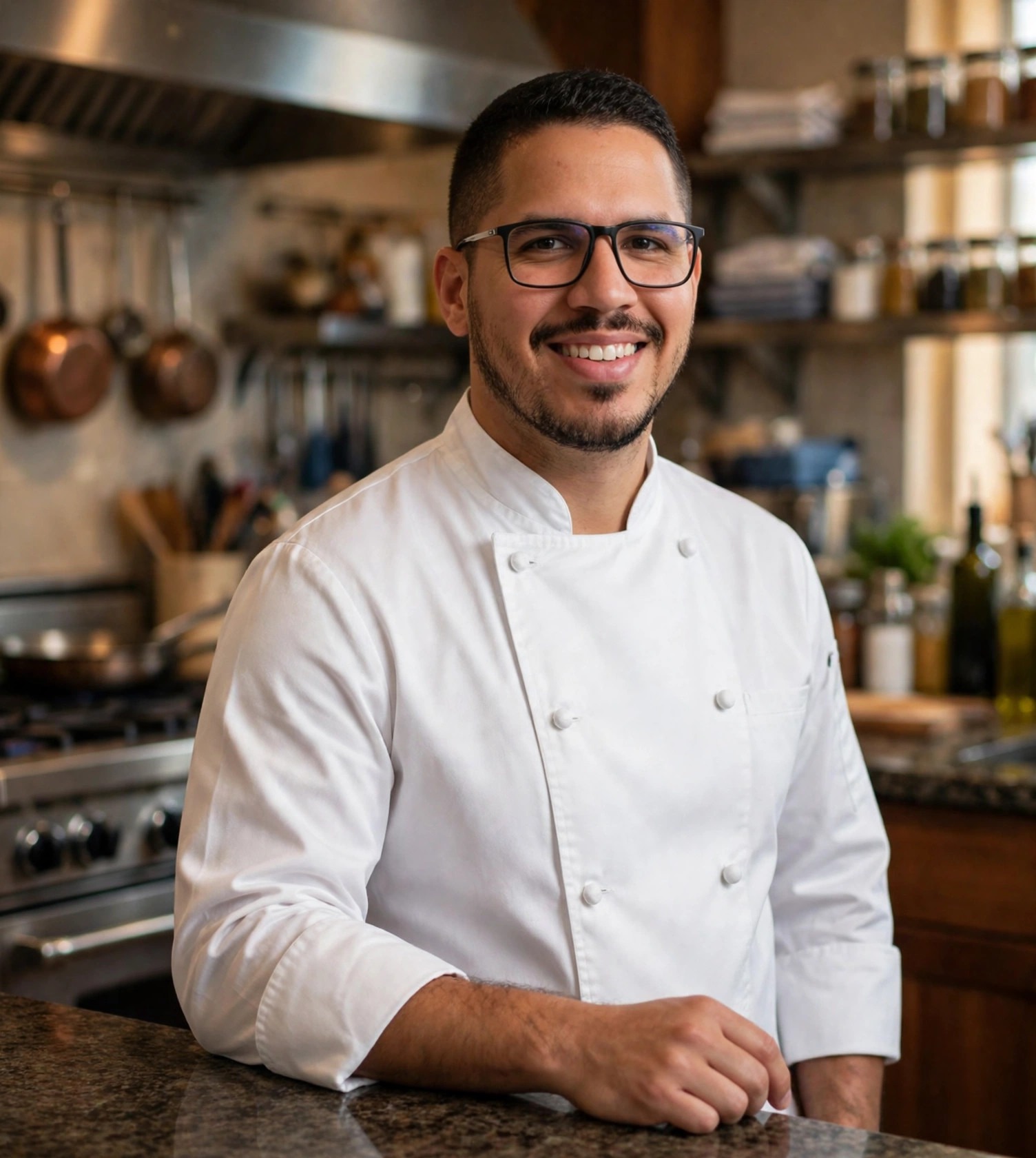 Julio Junior chef, dólmã branca na cozinha