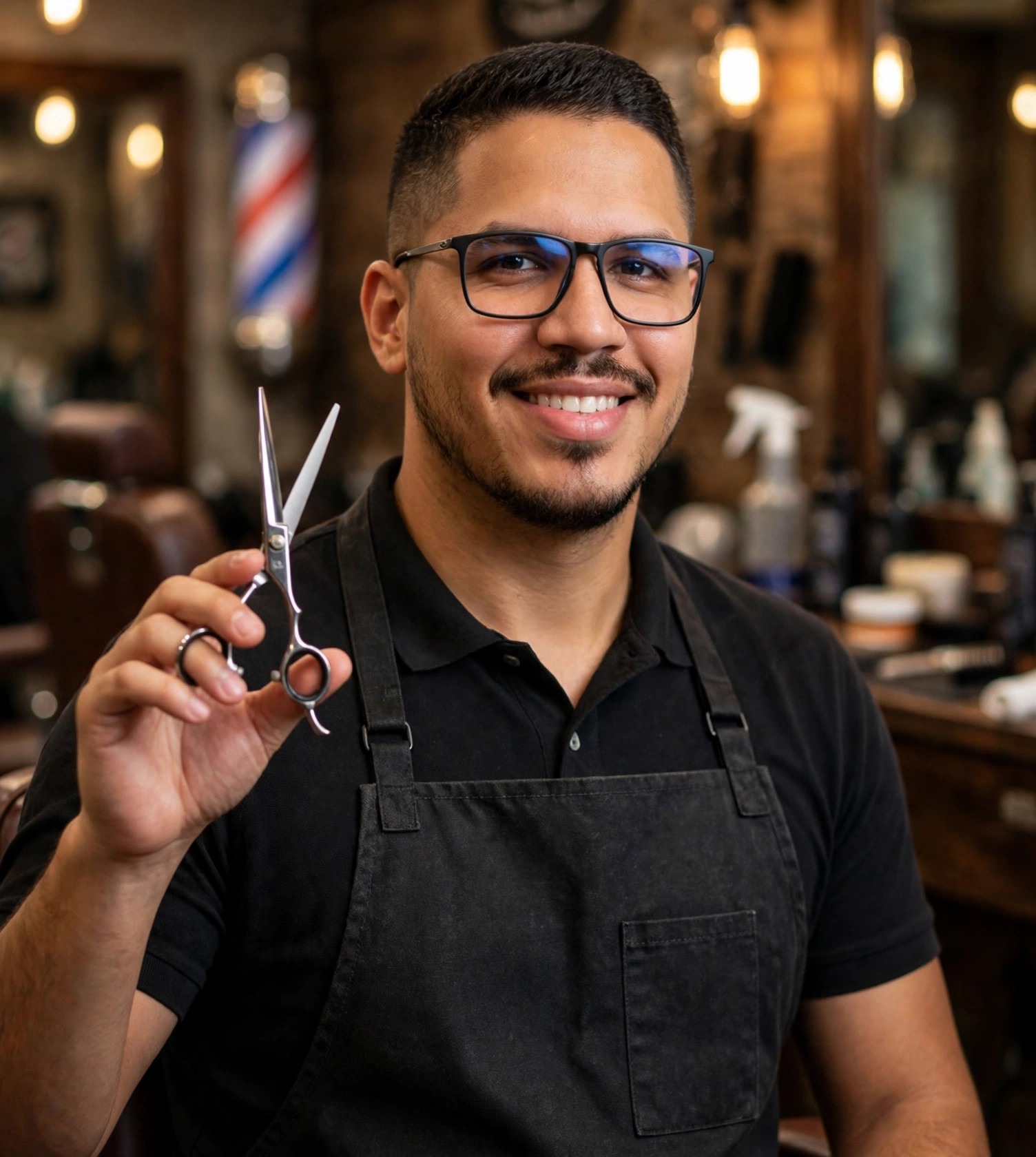 Julio Junior barbeiro, avental e tesoura na barbearia