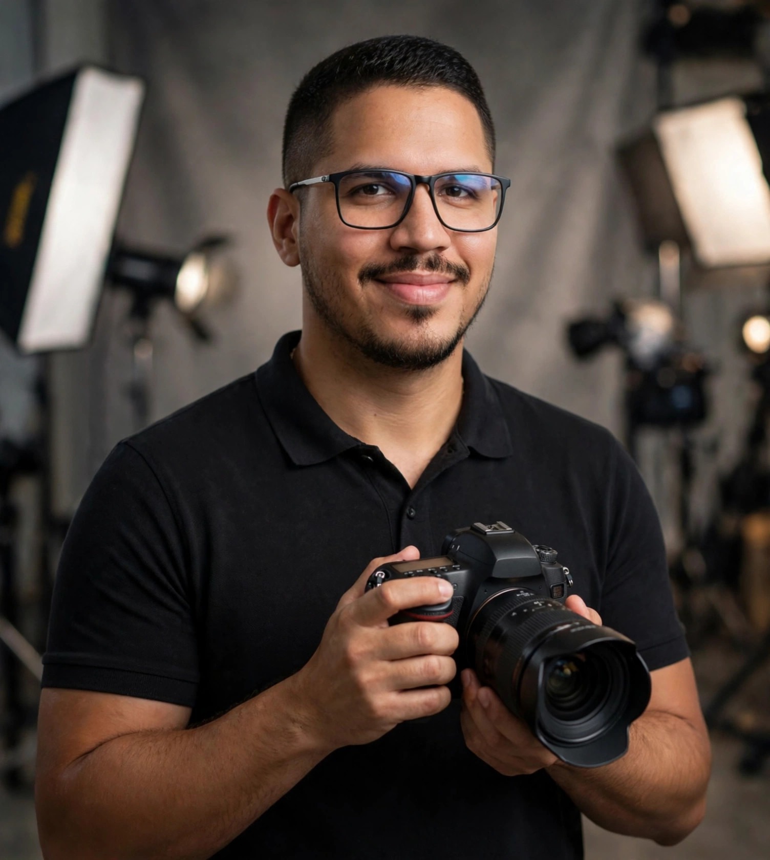 Julio Junior fotógrafo, câmera na mão no estúdio