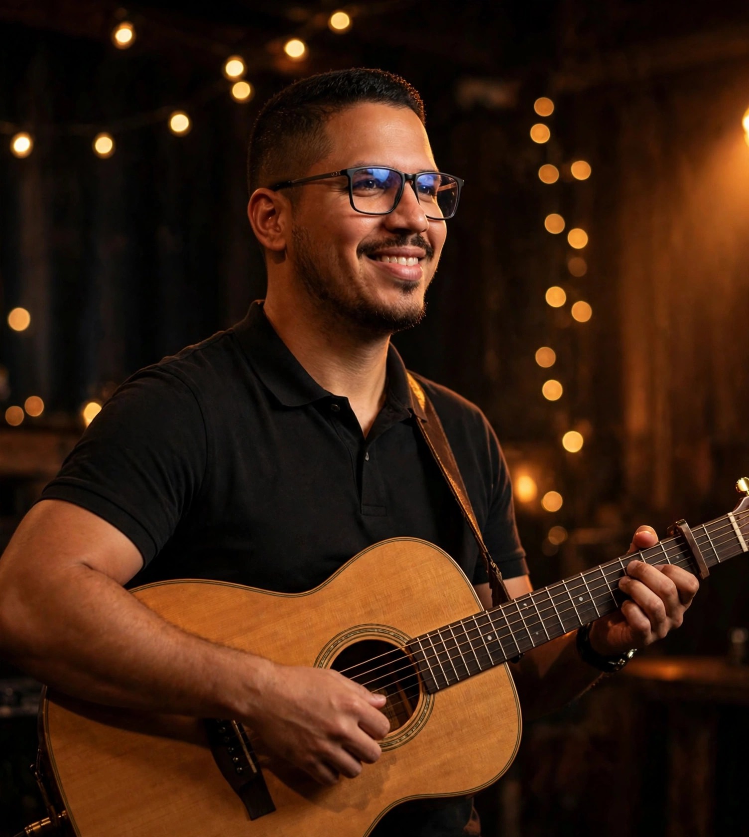 Julio Junior músico, violão no palco intimista