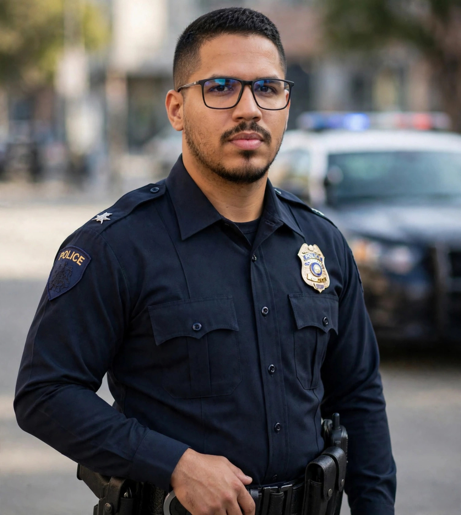 Julio Junior policial, uniforme e viatura ao fundo
