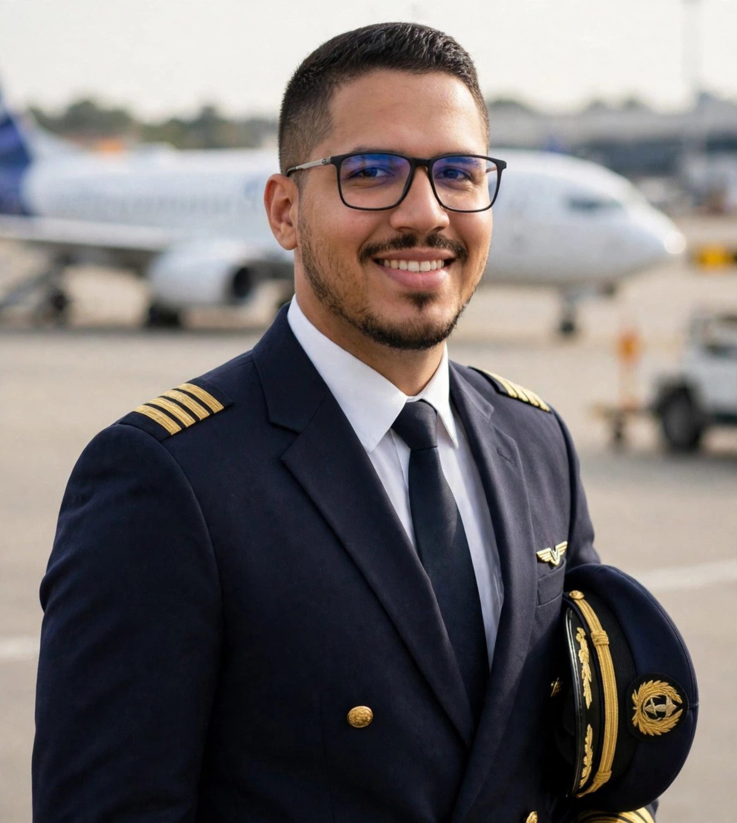 Julio Junior piloto, uniforme com avião ao fundo