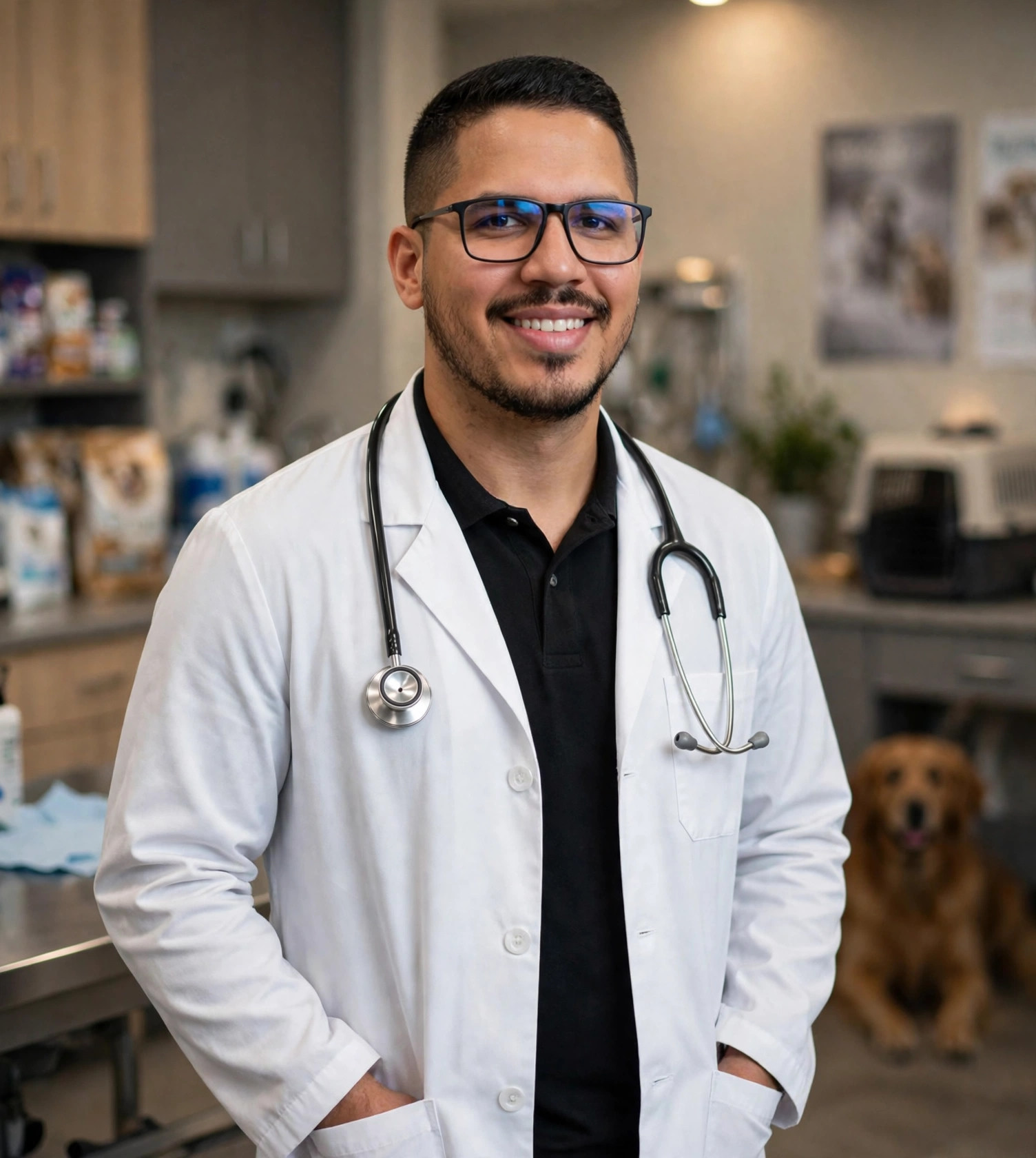 Julio Junior veterinário, jaleco e cachorro na clínica