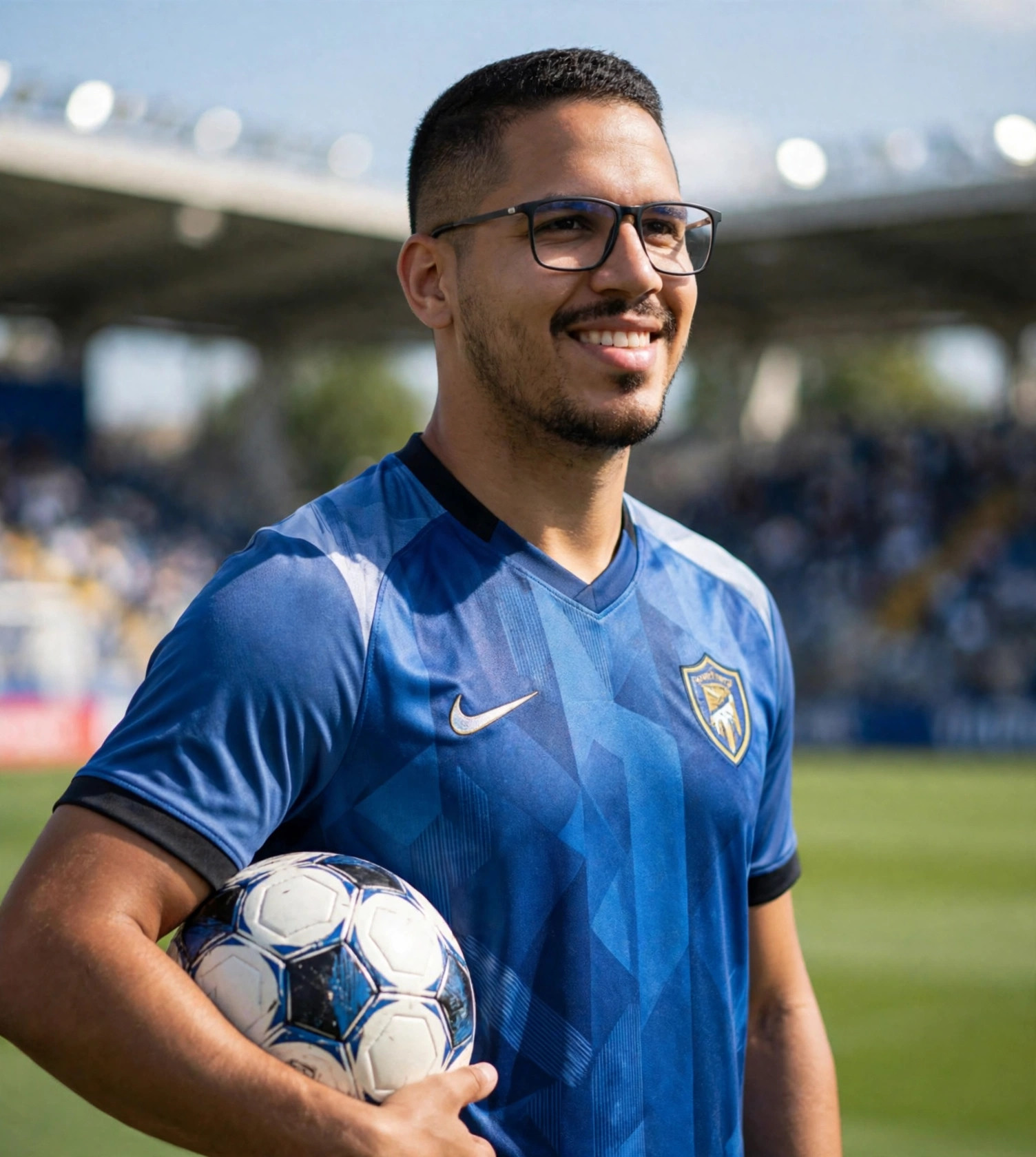 Julio Junior atleta, uniforme de futebol e bola no estádio