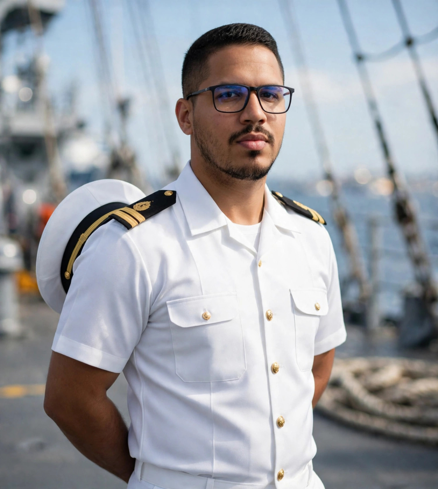 Julio Junior marinheiro, uniforme branco no convés do navio