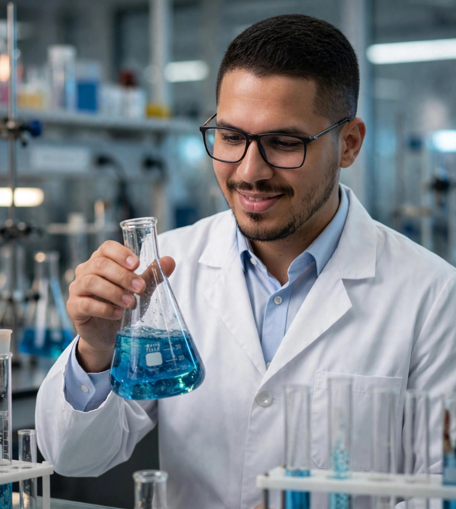 Julio Junior cientista, jaleco observando frasco no laboratório