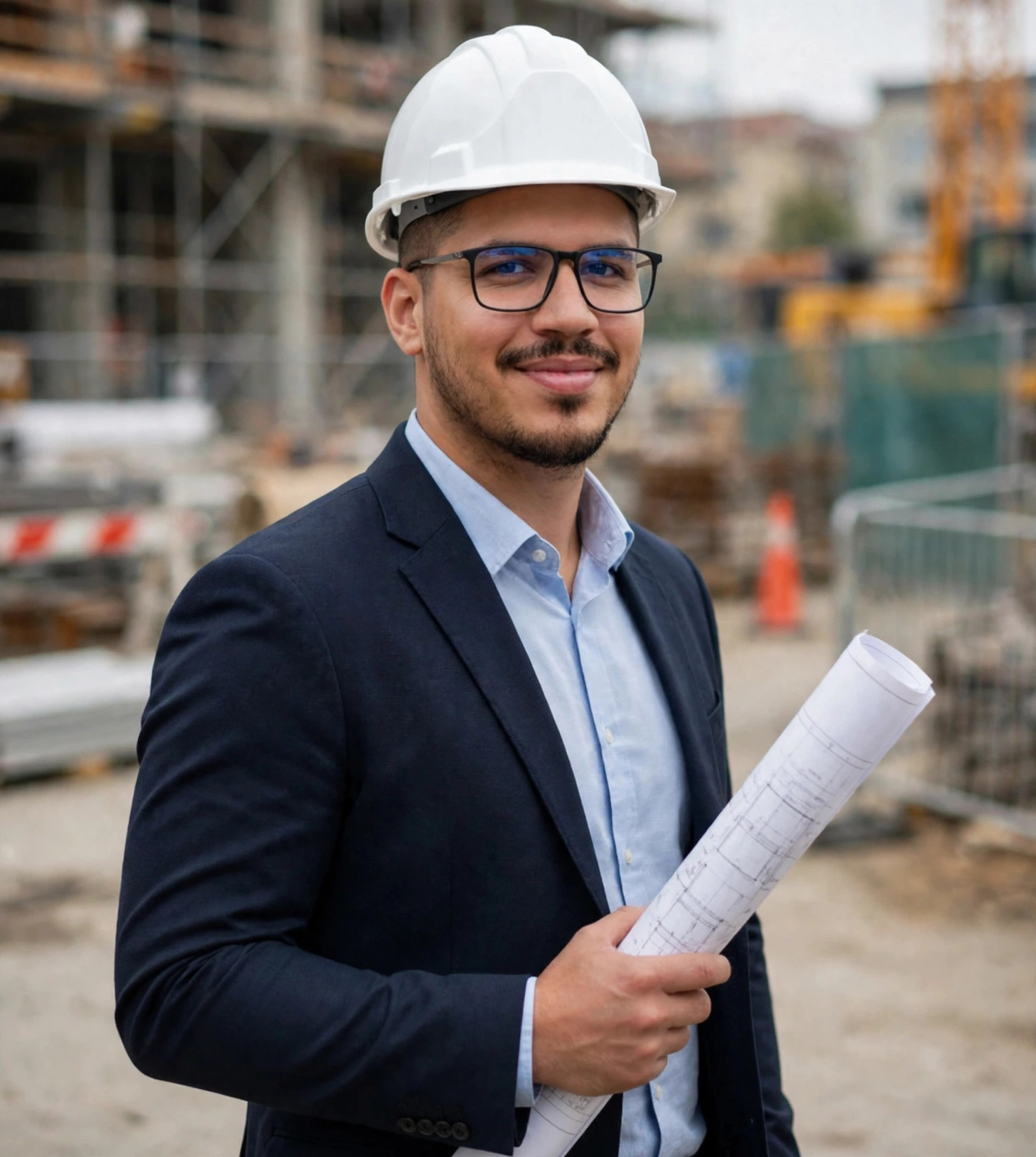 Julio Junior arquiteto, capacete branco e plantas na obra