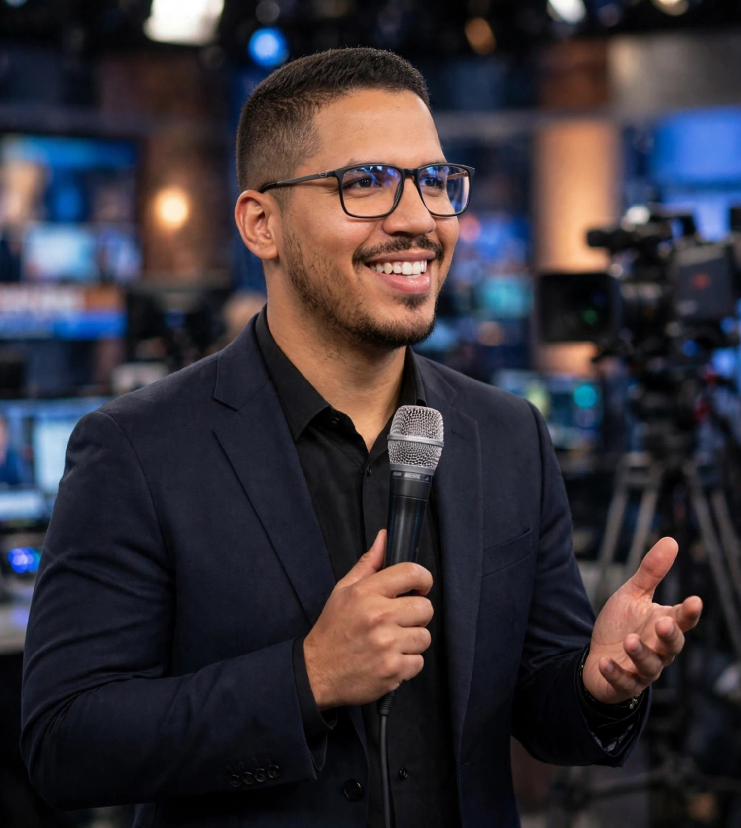 Julio Junior jornalista, microfone no estúdio de TV