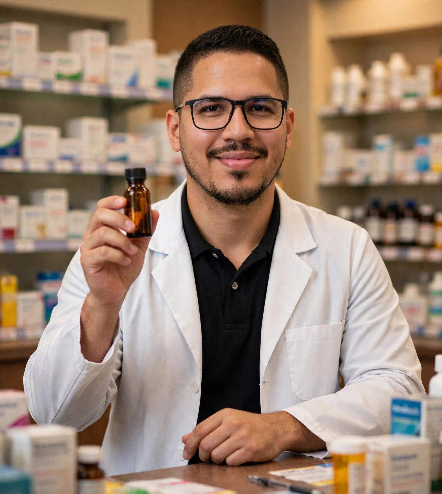 Julio Junior farmacêutico, jaleco branco e frasco na farmácia