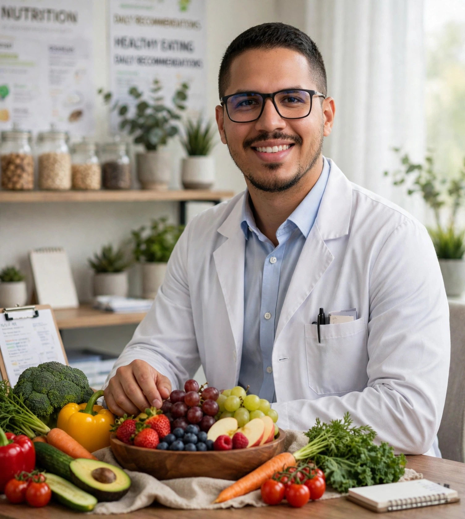 Julio Junior nutricionista, jaleco branco e frutas no consultório