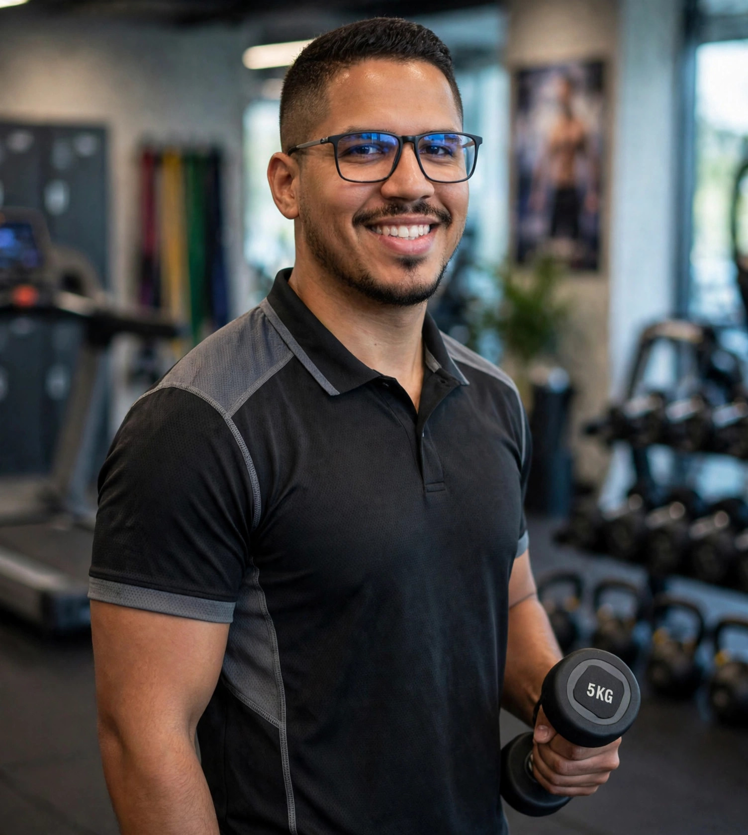 Julio Junior personal trainer, roupa esportiva e halter na academia