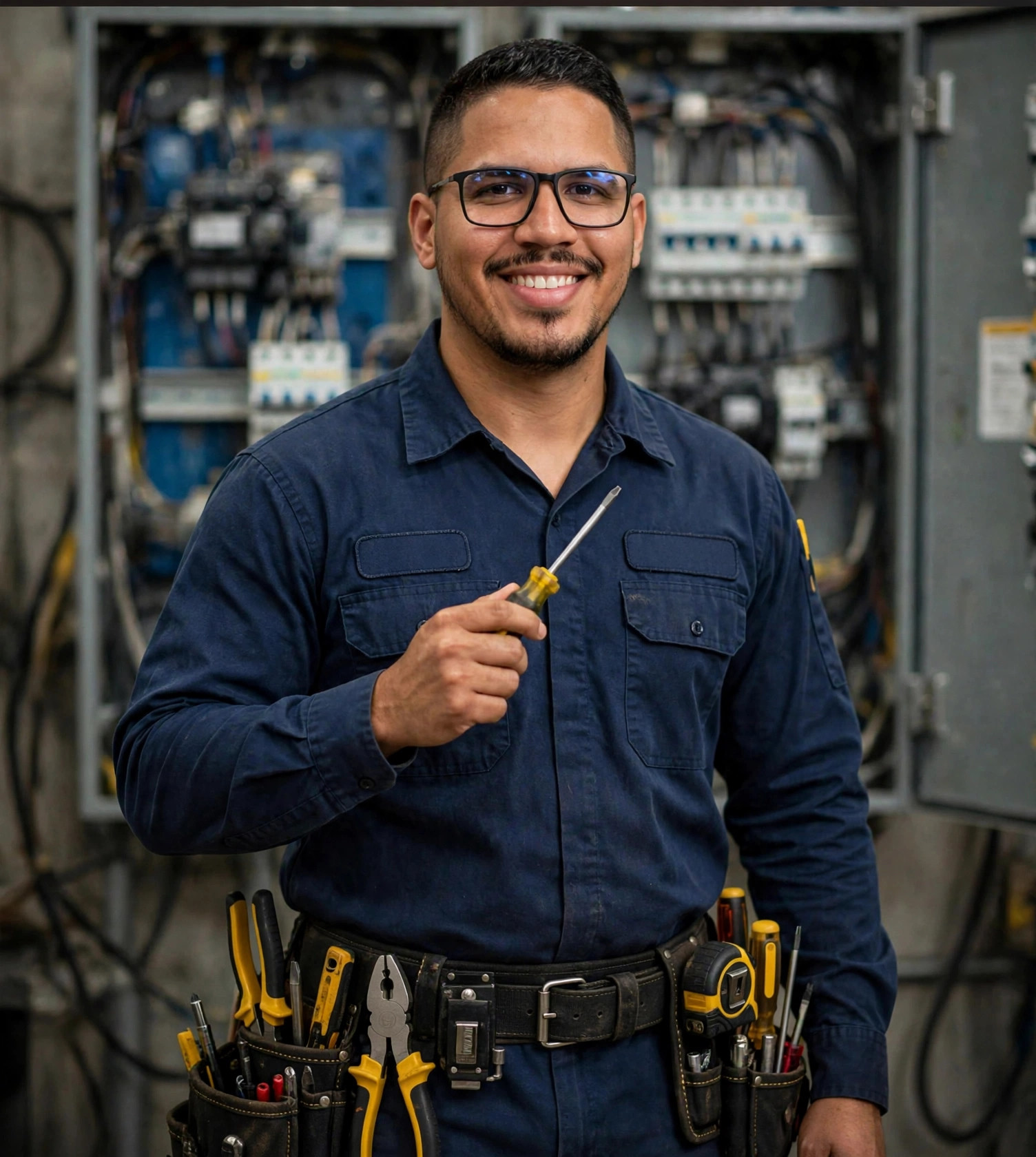 Julio Junior eletricista, uniforme com ferramentas e quadro elétrico ao fundo