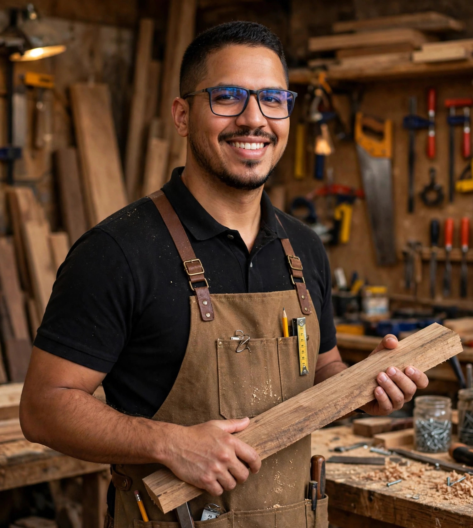 Julio Junior marceneiro, avental e tábua de madeira na marcenaria