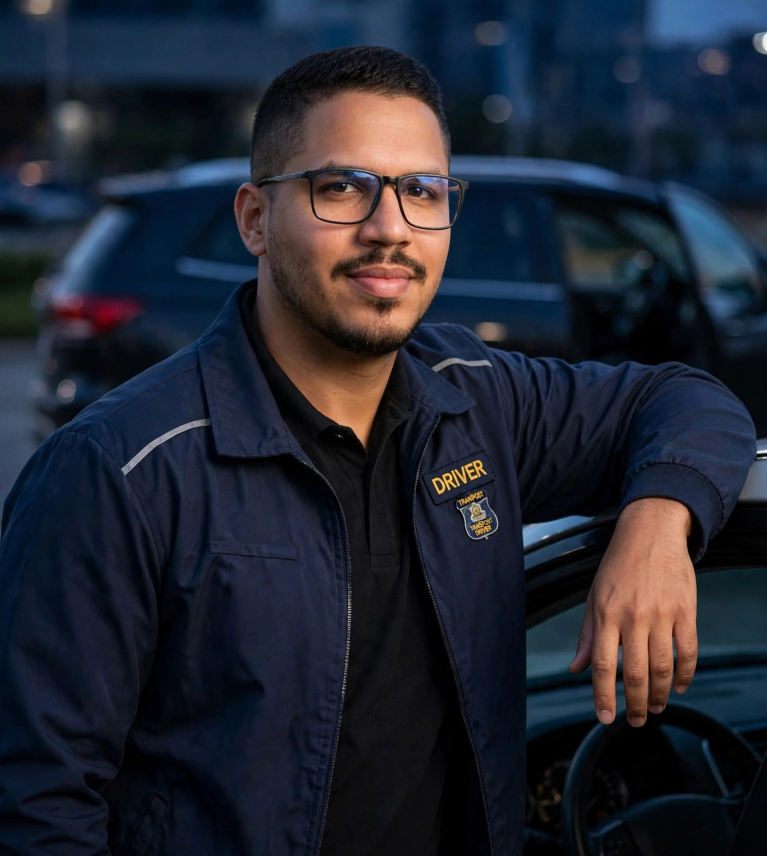 Julio Junior motorista, uniforme e braço apoiado no veículo