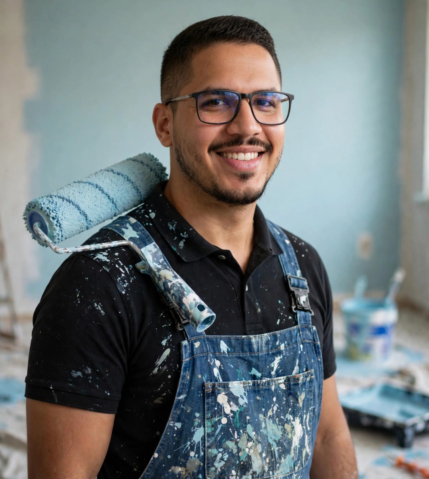 Julio Junior pintor, macacão com respingos de tinta e rolo de pintura no ombro