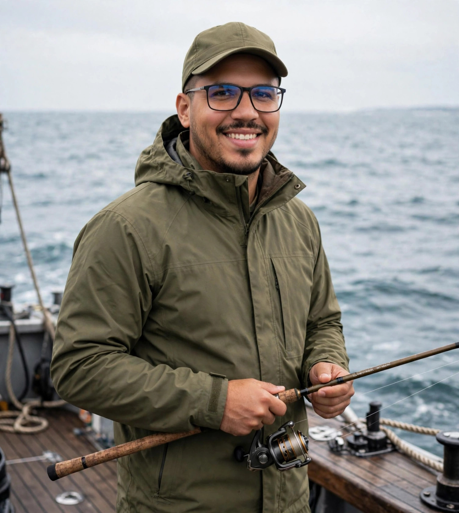 Julio Junior pescador, jaqueta impermeável e vara de pesca no convés do barco