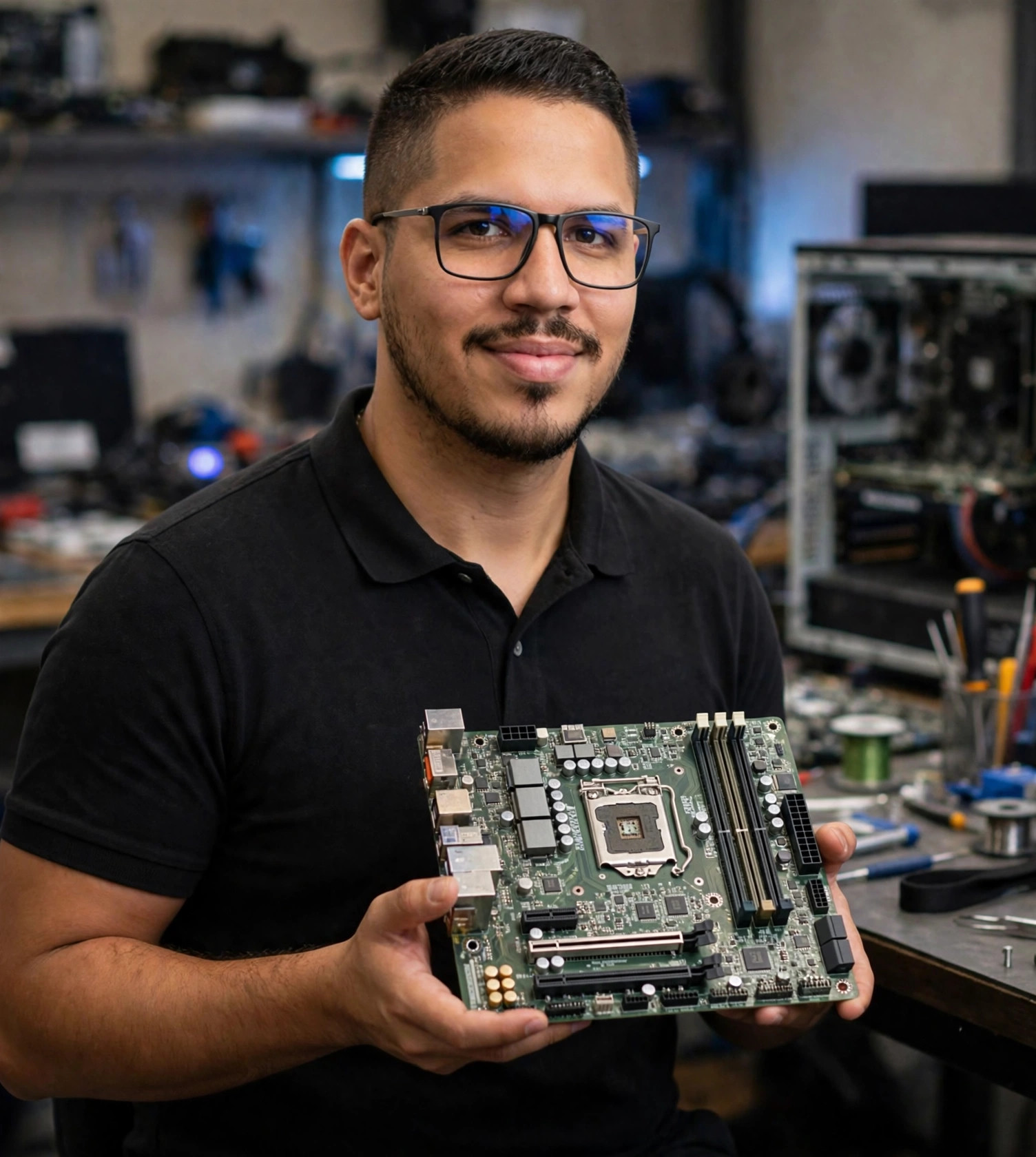 Julio Junior técnico de informática, polo preta segurando placa-mãe na bancada