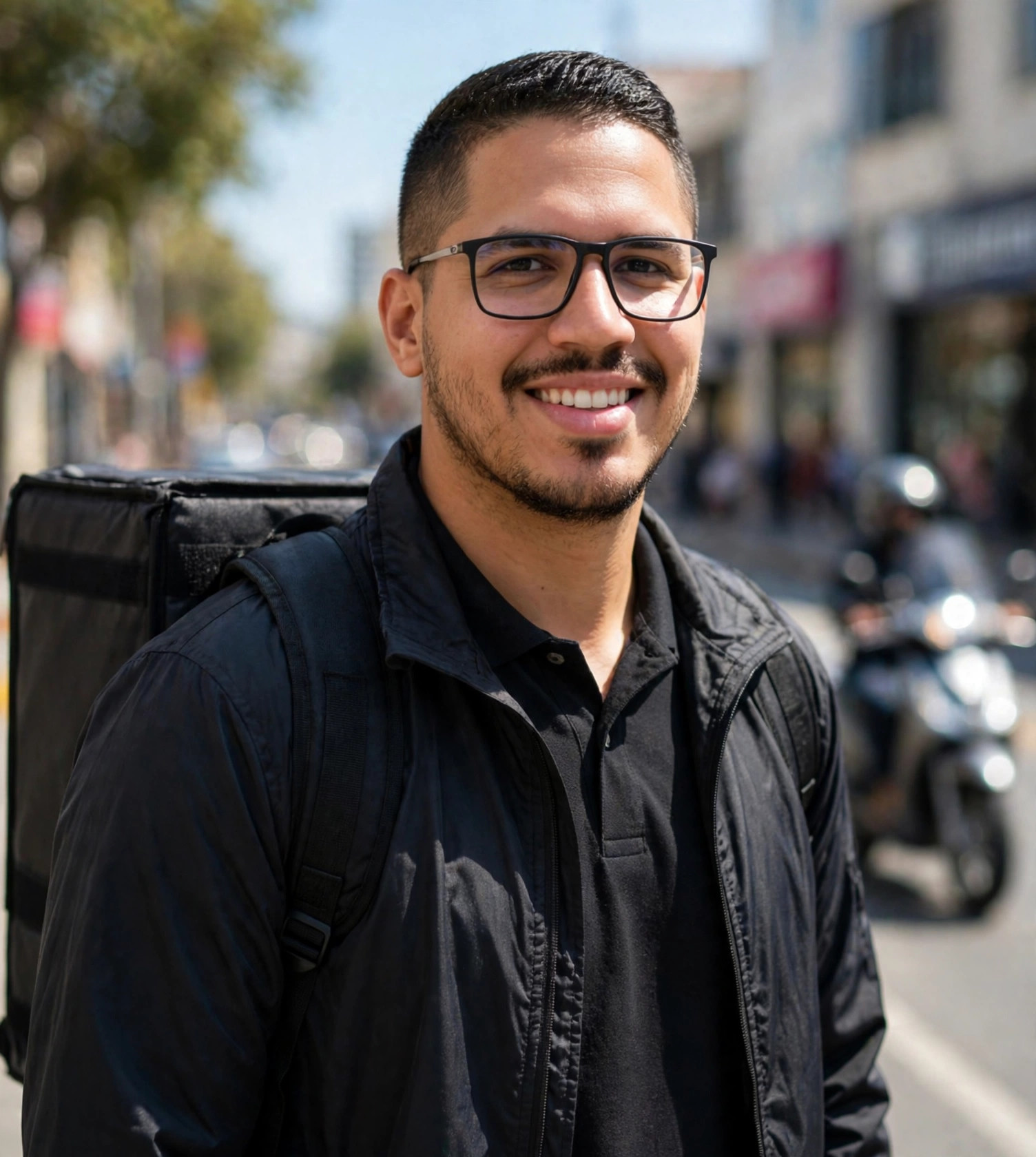 Julio Junior entregador de aplicativo, mochila de entrega nas costas, moto desfocada na rua