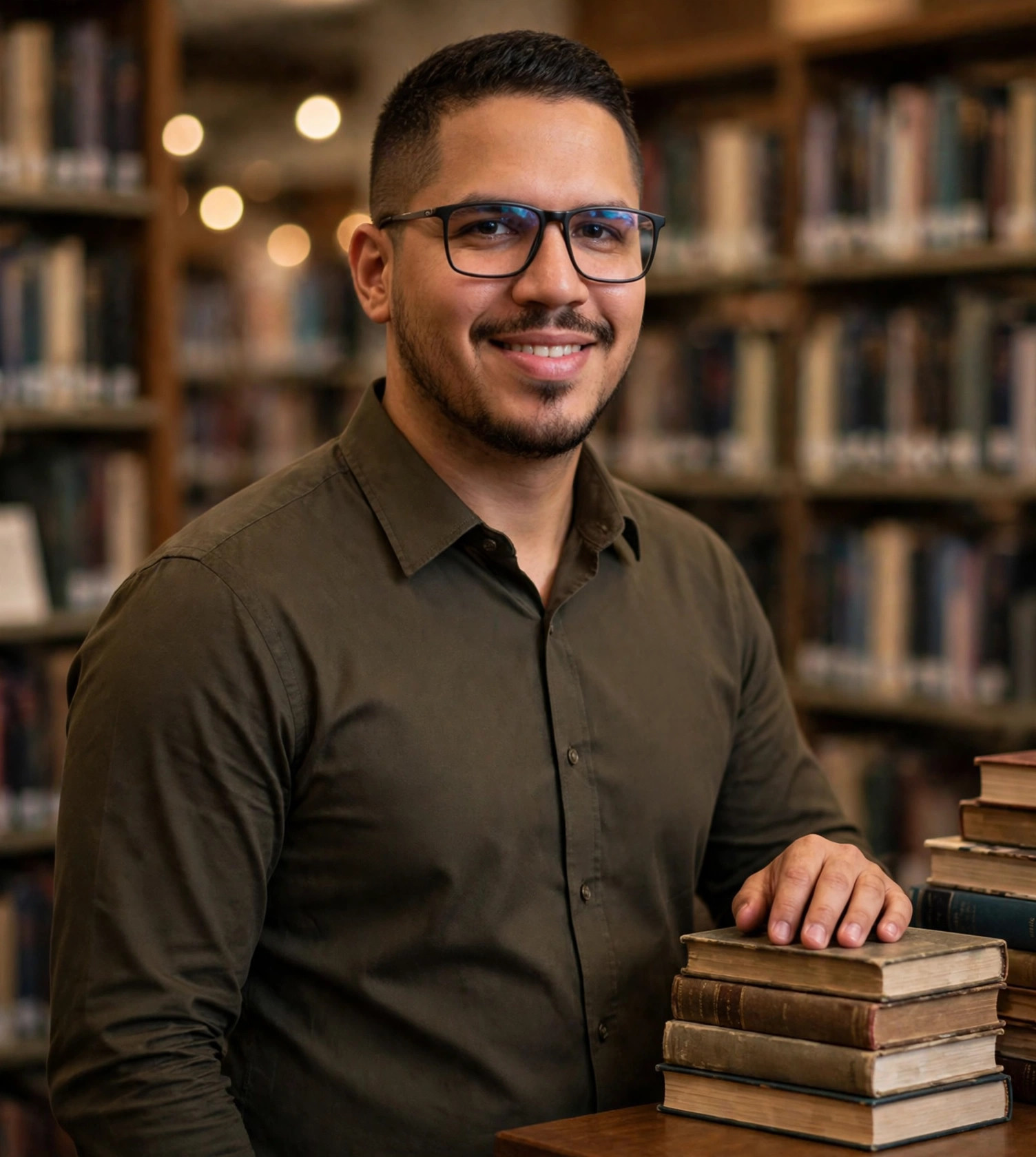 Julio Junior bibliotecário, camisa social, mão sobre pilha de livros entre estantes