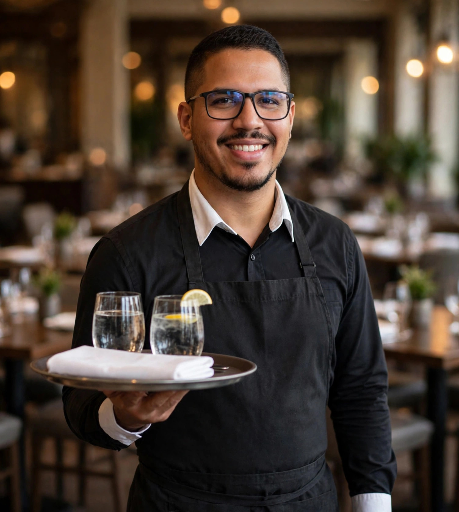 Julio Junior garçom, avental preto, segurando bandeja com copos no restaurante
