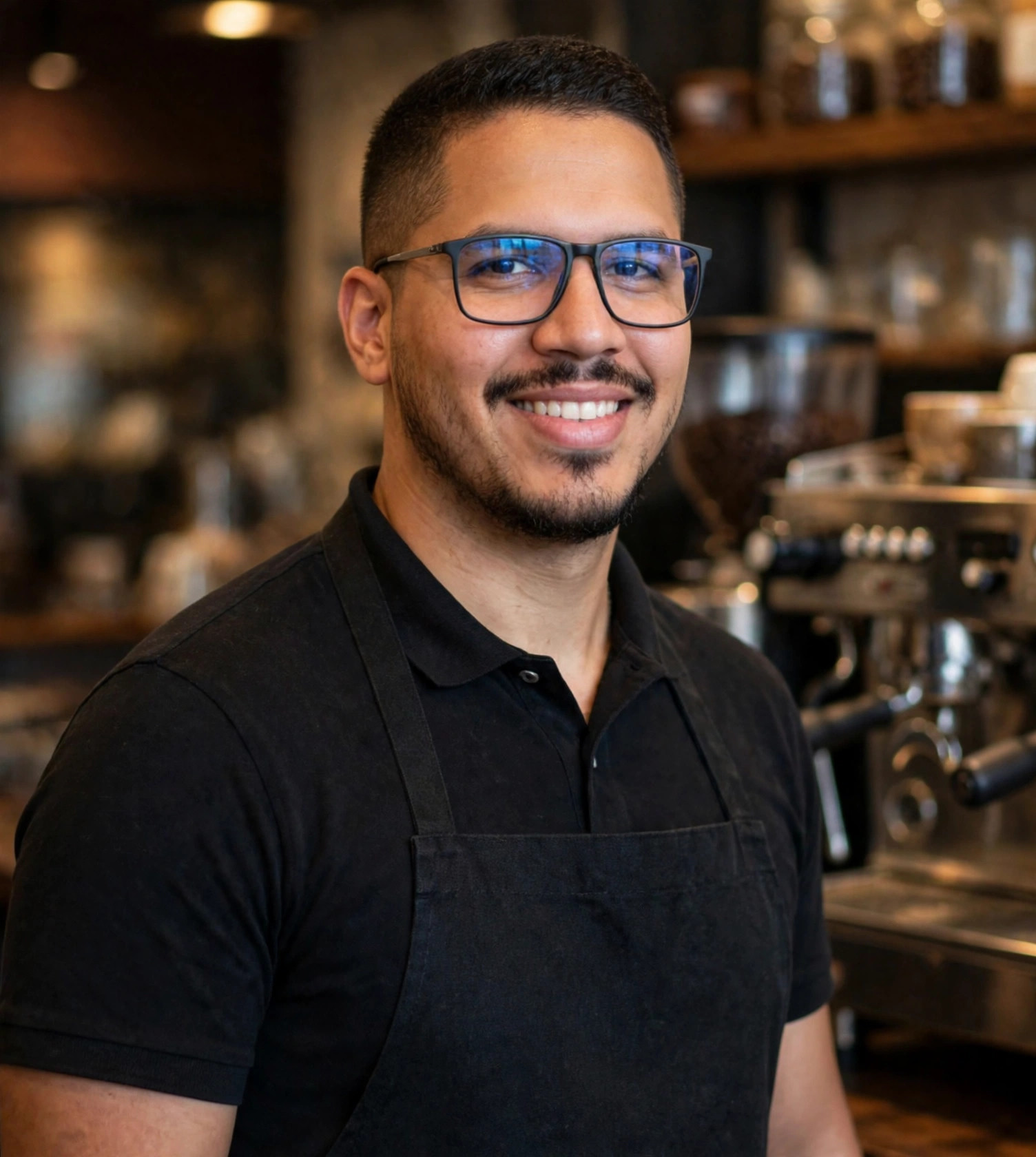 Julio Junior barista, avental preto, máquina de espresso desfocada na cafeteria
