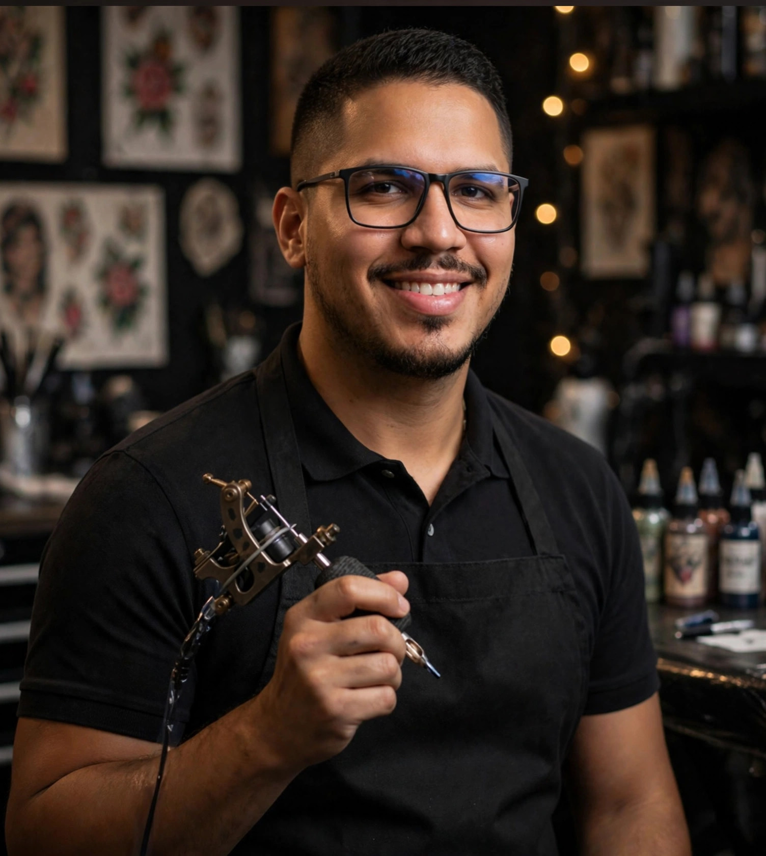 Julio Junior tatuador, avental preto, máquina de tatuar na mão, estúdio de tatuagem ao fundo