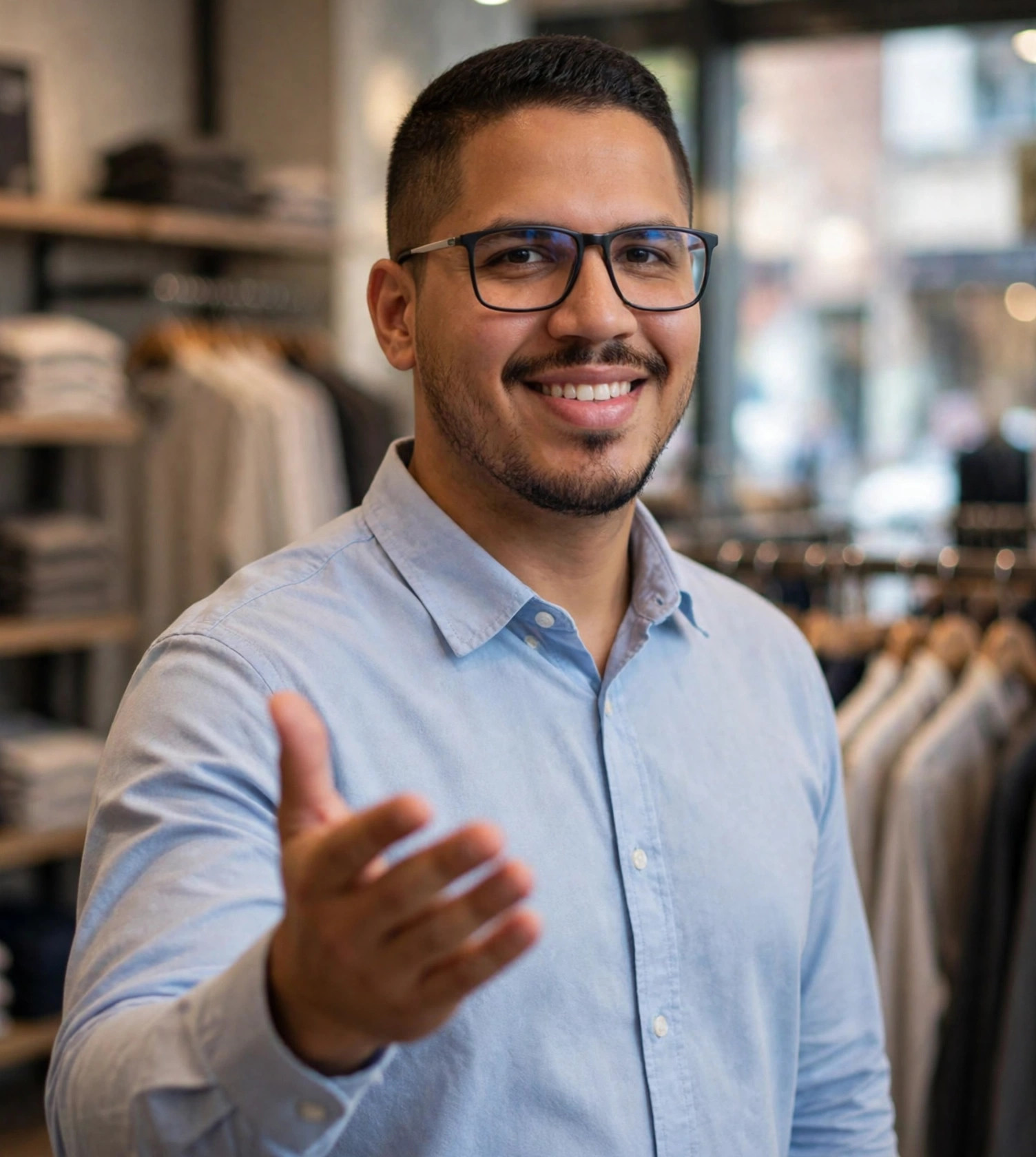 Julio Junior vendedor de loja, camisa social azul-clara, gesticulando, vitrine e prateleiras ao fundo