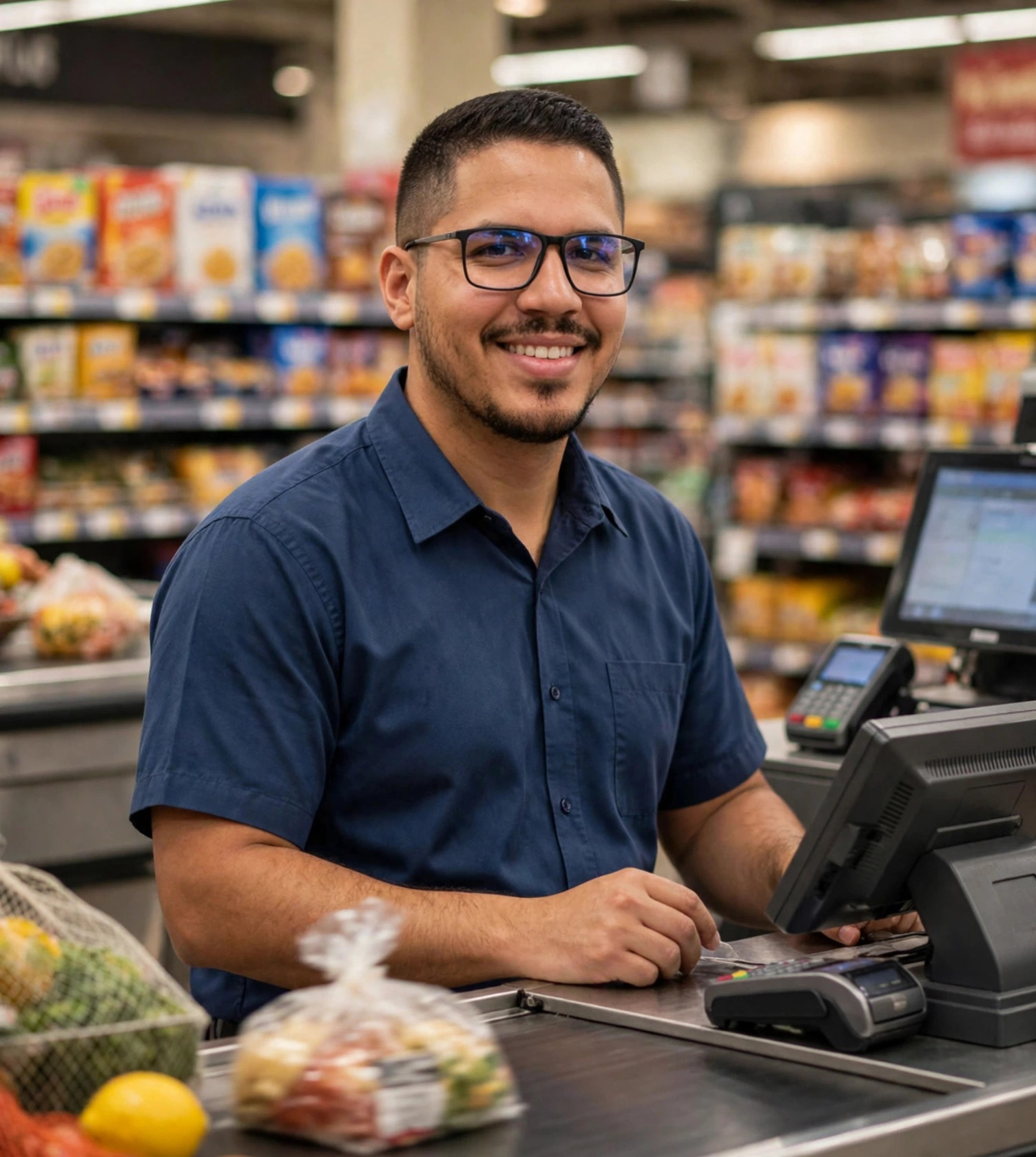 Julio Junior caixa de supermercado, uniforme azul-marinho sem texto, caixa registradora e prateleiras ao fundo