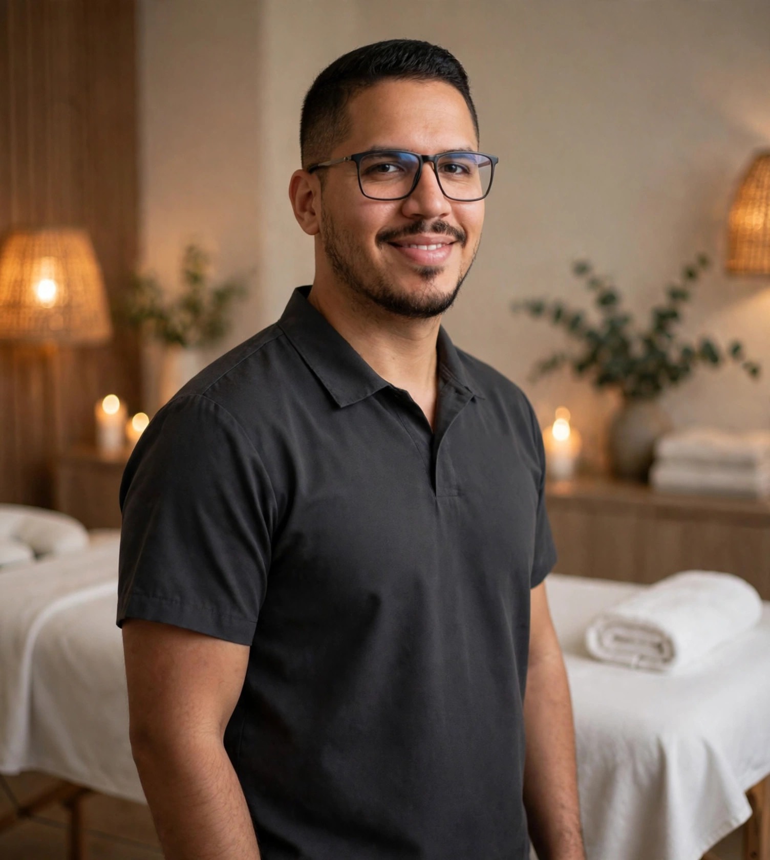 Julio Junior massagista, uniforme escuro sem texto, sala de massagem com velas e maca ao fundo
