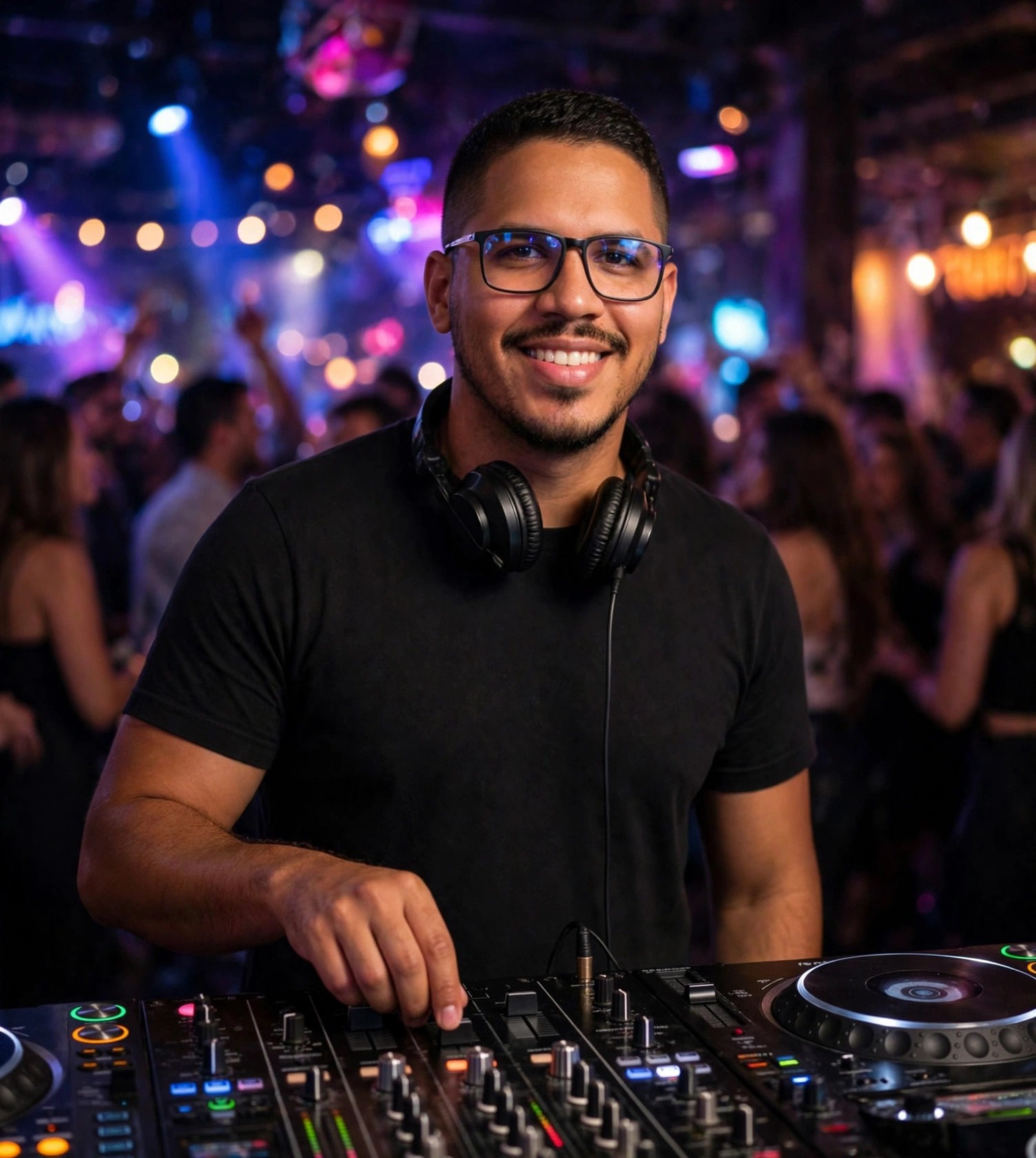 Julio Junior DJ, camiseta preta sem texto, fones no pescoço, mesa de DJ e festa ao fundo
