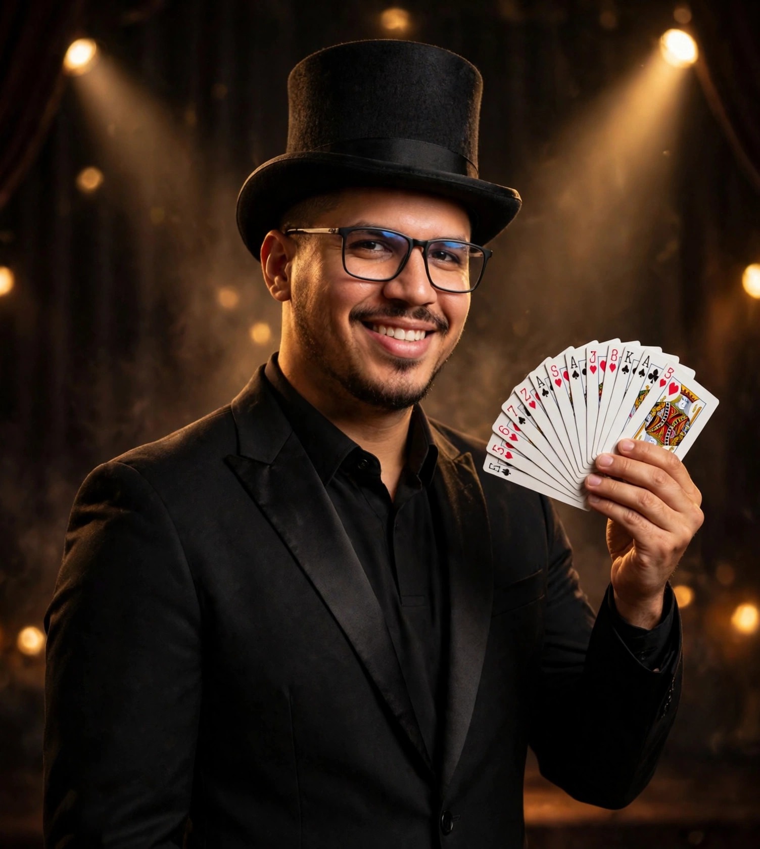 Julio Junior mágico, terno preto e cartola, leque de cartas na mão, palco ao fundo