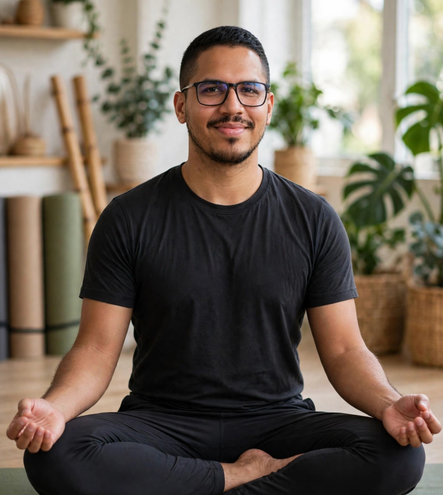 Julio Junior instrutor de yoga, roupa escura sem texto, pose de meditação, estúdio com tapetes ao fundo