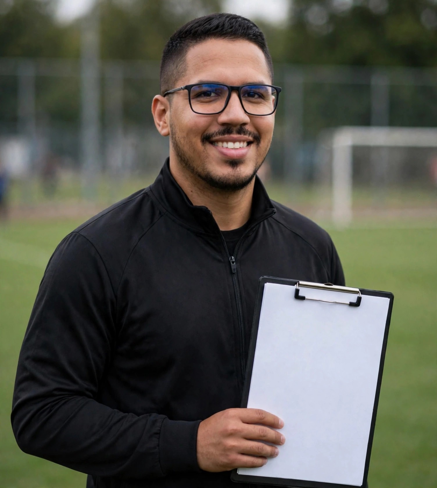 Julio Junior treinador de futebol, agasalho preto sem texto, prancheta em branco na mão, campo ao fundo