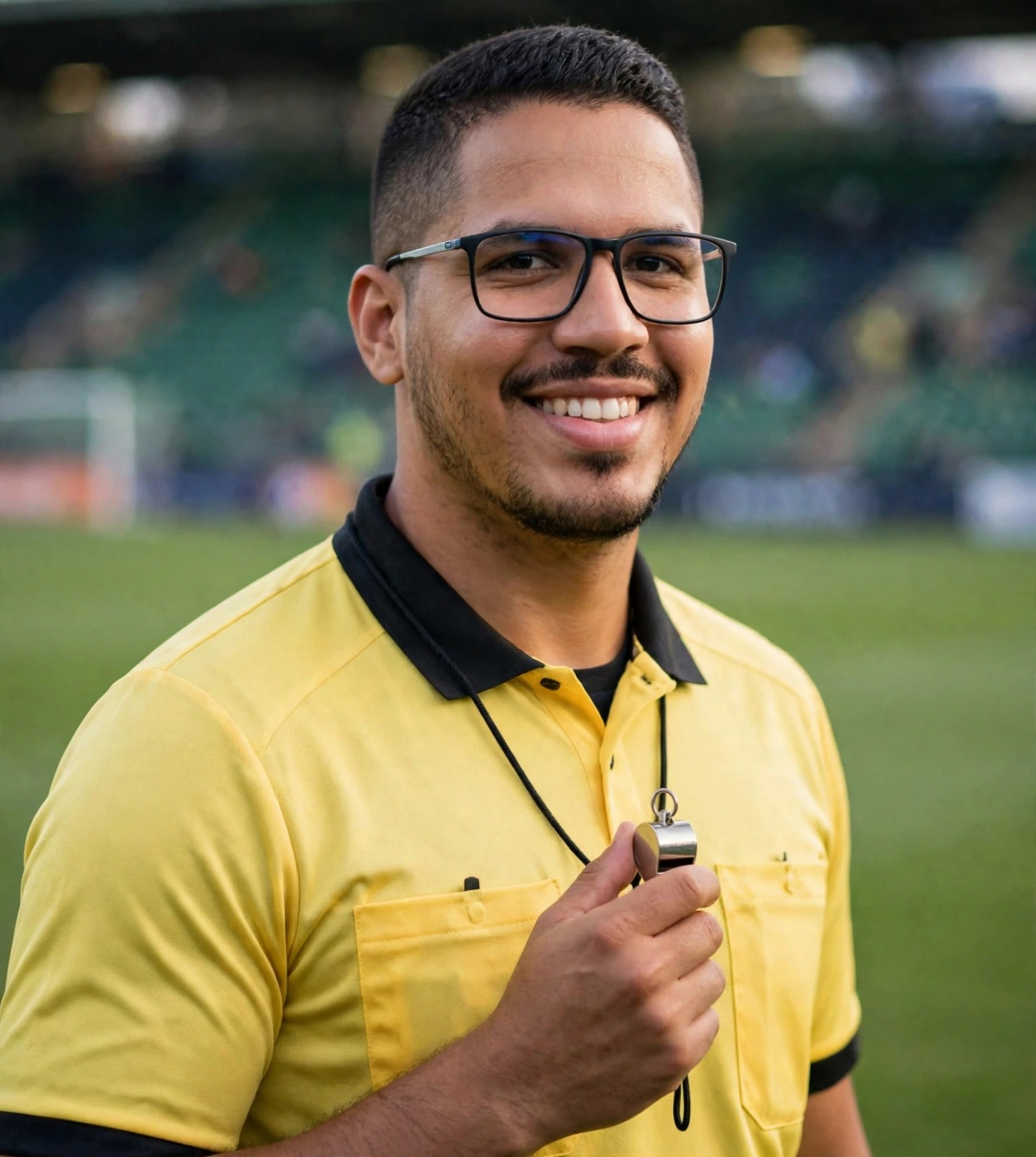 Julio Junior árbitro de futebol, camisa amarela sem texto, apito na mão, estádio ao fundo