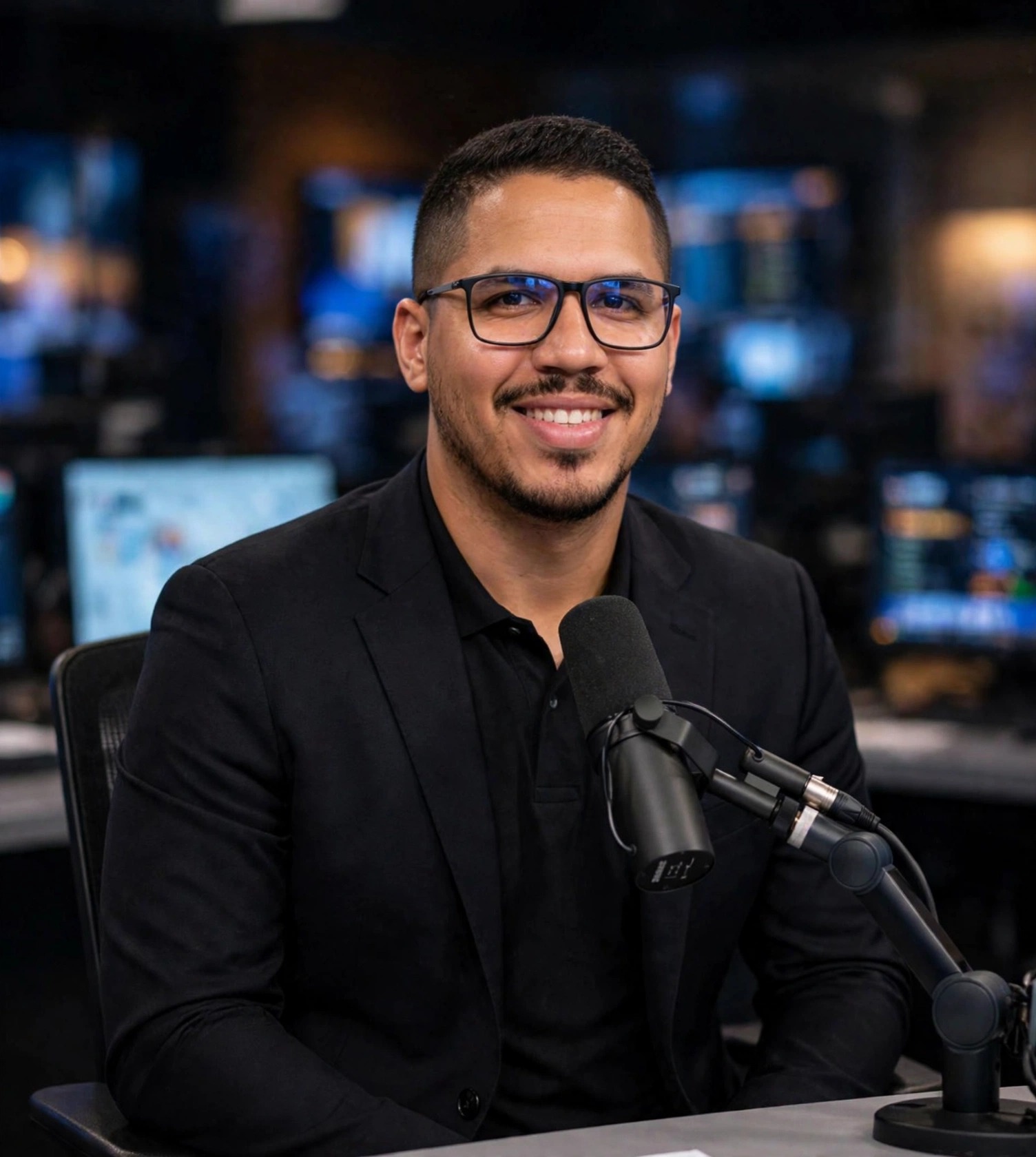 Julio Junior comentarista esportivo, terno escuro sem texto, microfone à frente, cabine de transmissão ao fundo