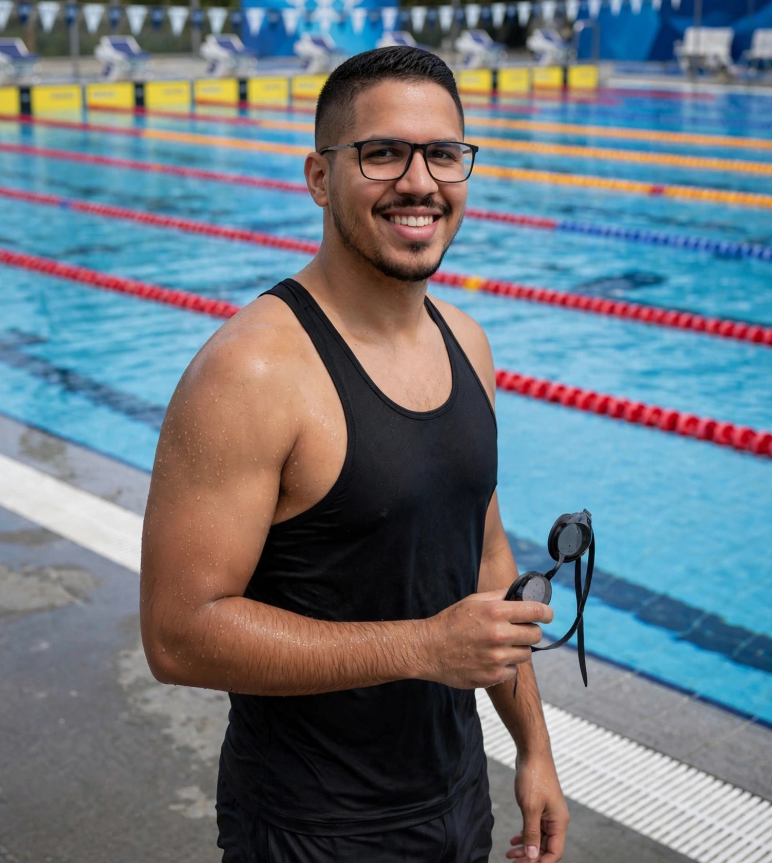 Julio Junior nadador, regata preta sem texto, óculos de natação na mão, piscina olímpica ao fundo