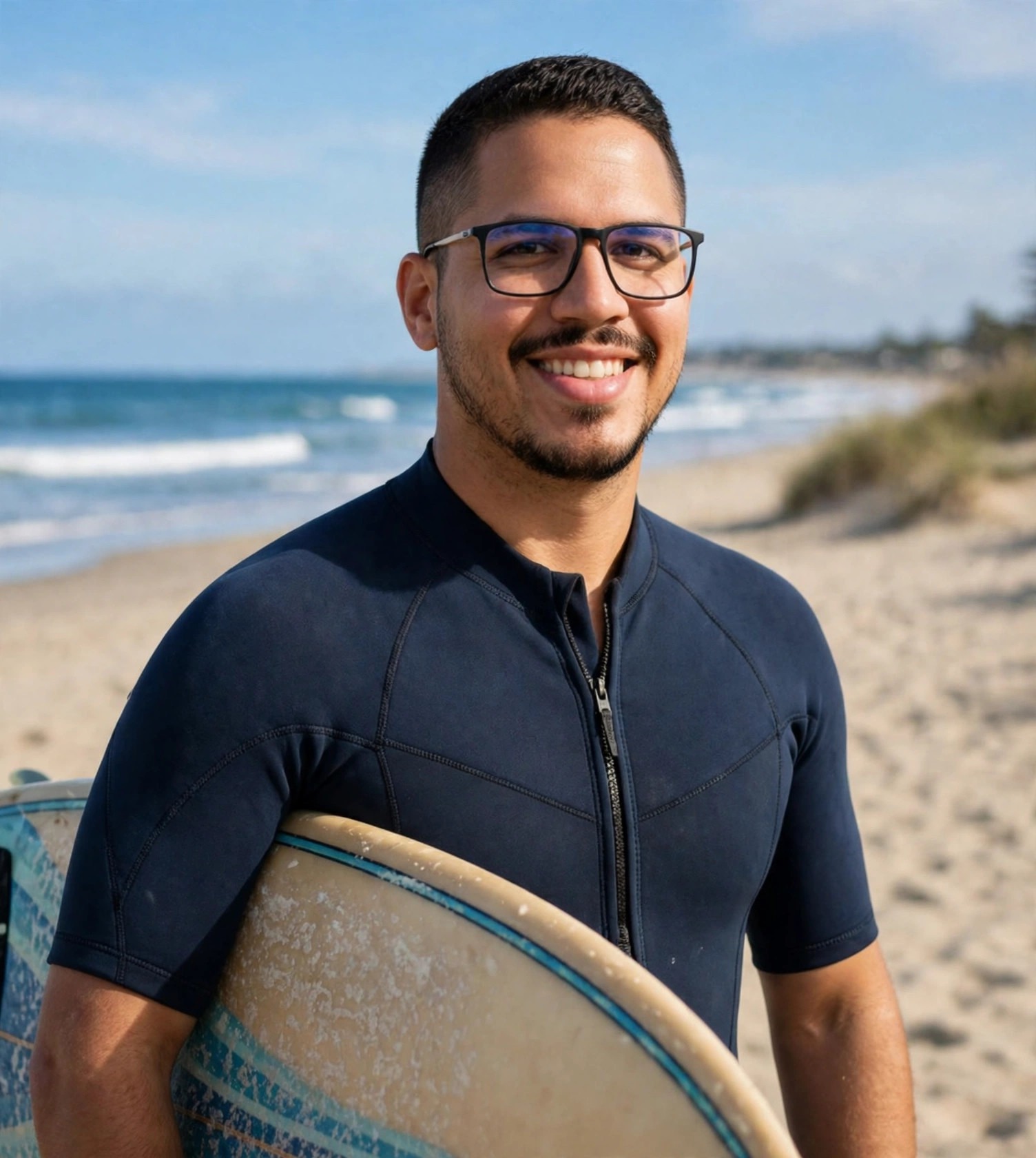 Julio Junior surfista, roupa de neoprene azul-marinho sem texto, prancha debaixo do braço, praia ao fundo