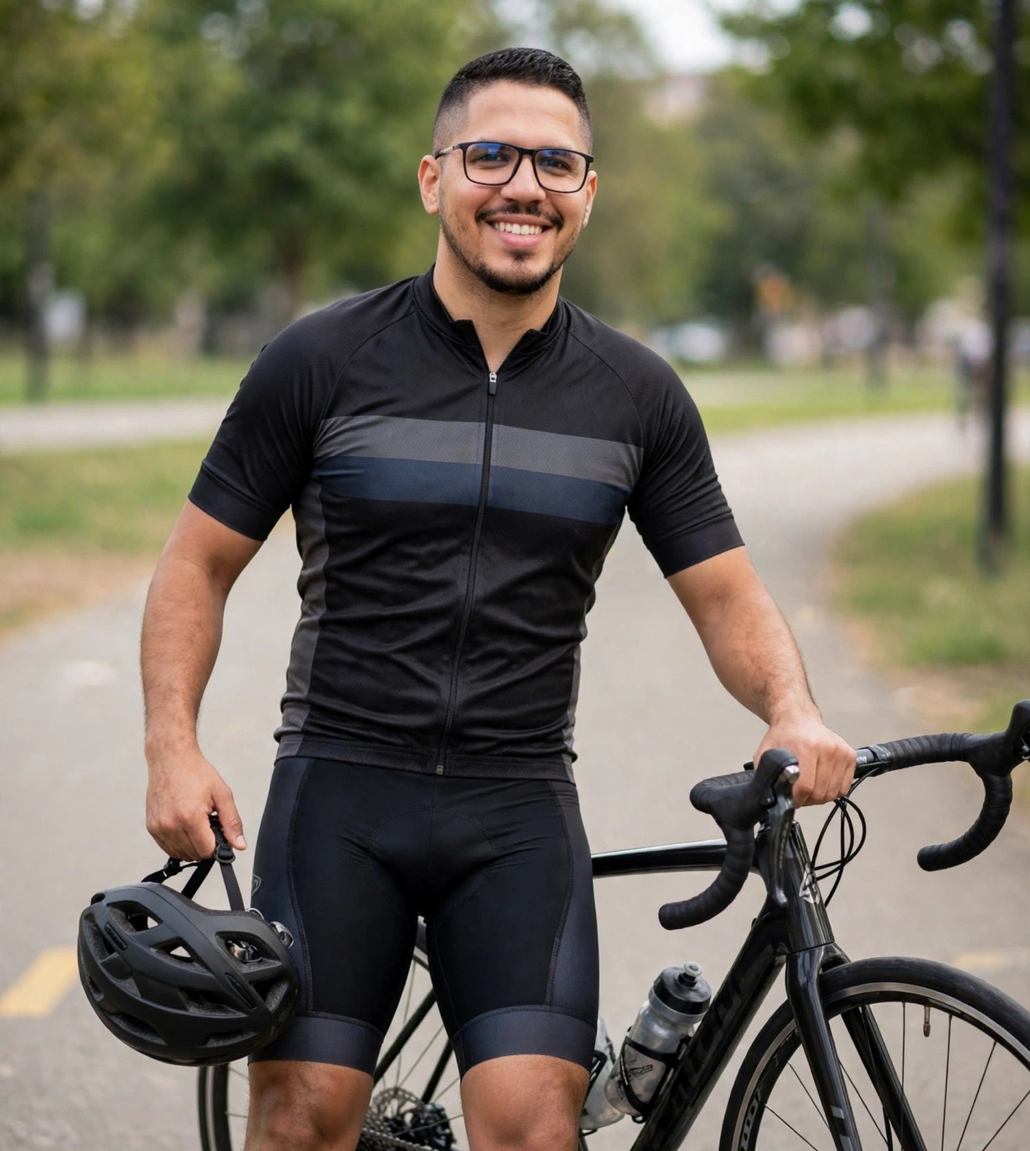 Julio Junior ciclista, uniforme preto sem texto, capacete na mão e bicicleta ao lado, ciclovia ao fundo