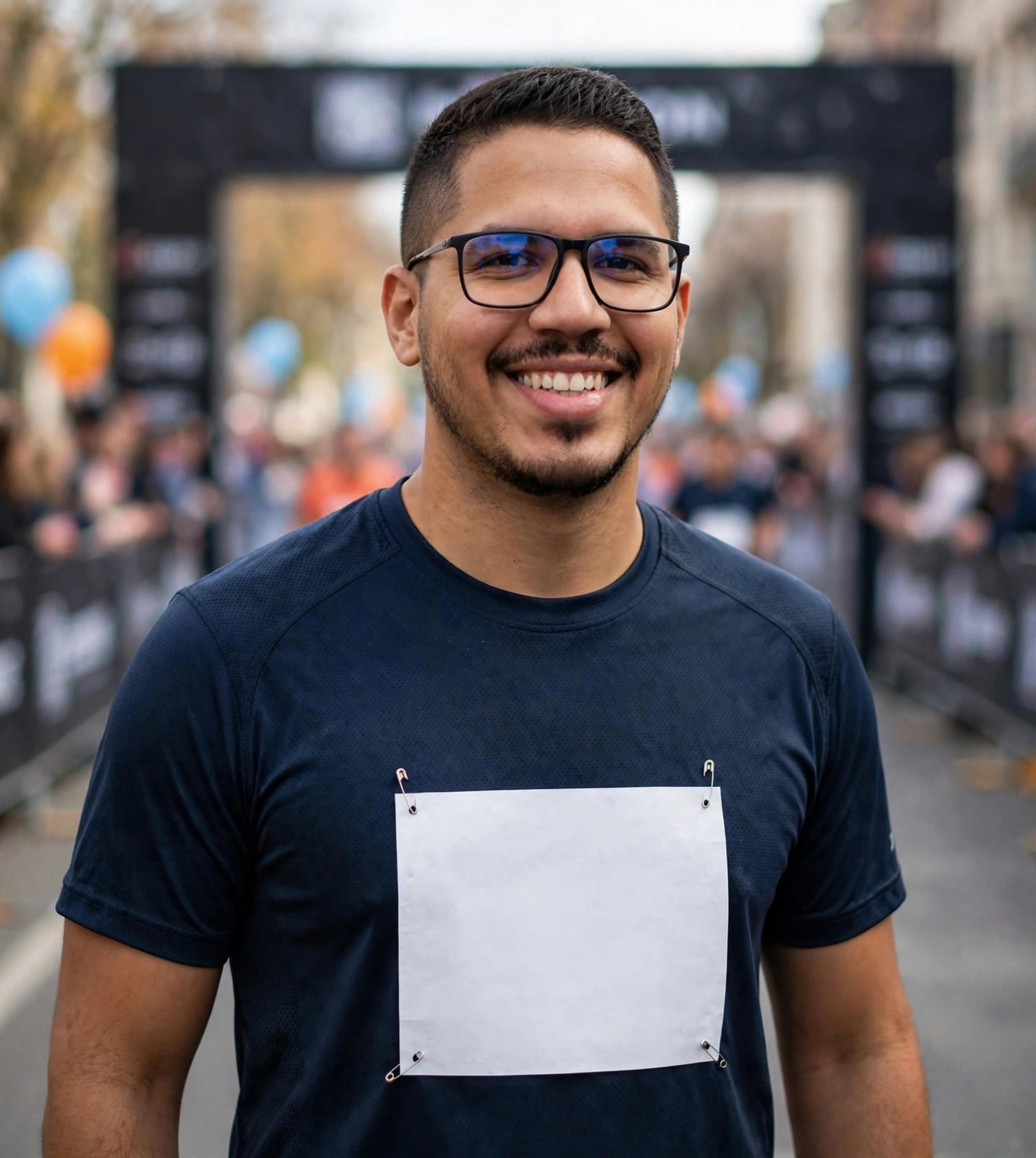 Julio Junior corredor de maratona, camiseta azul-marinho sem texto, número de peito em branco, pórtico de chegada ao fundo