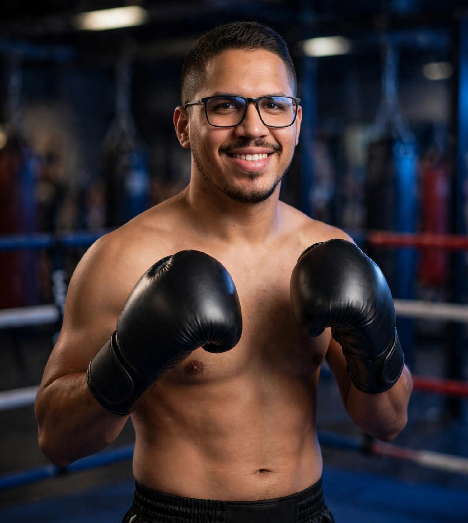 Julio Junior boxeador, luvas pretas sem texto, ringue ao fundo