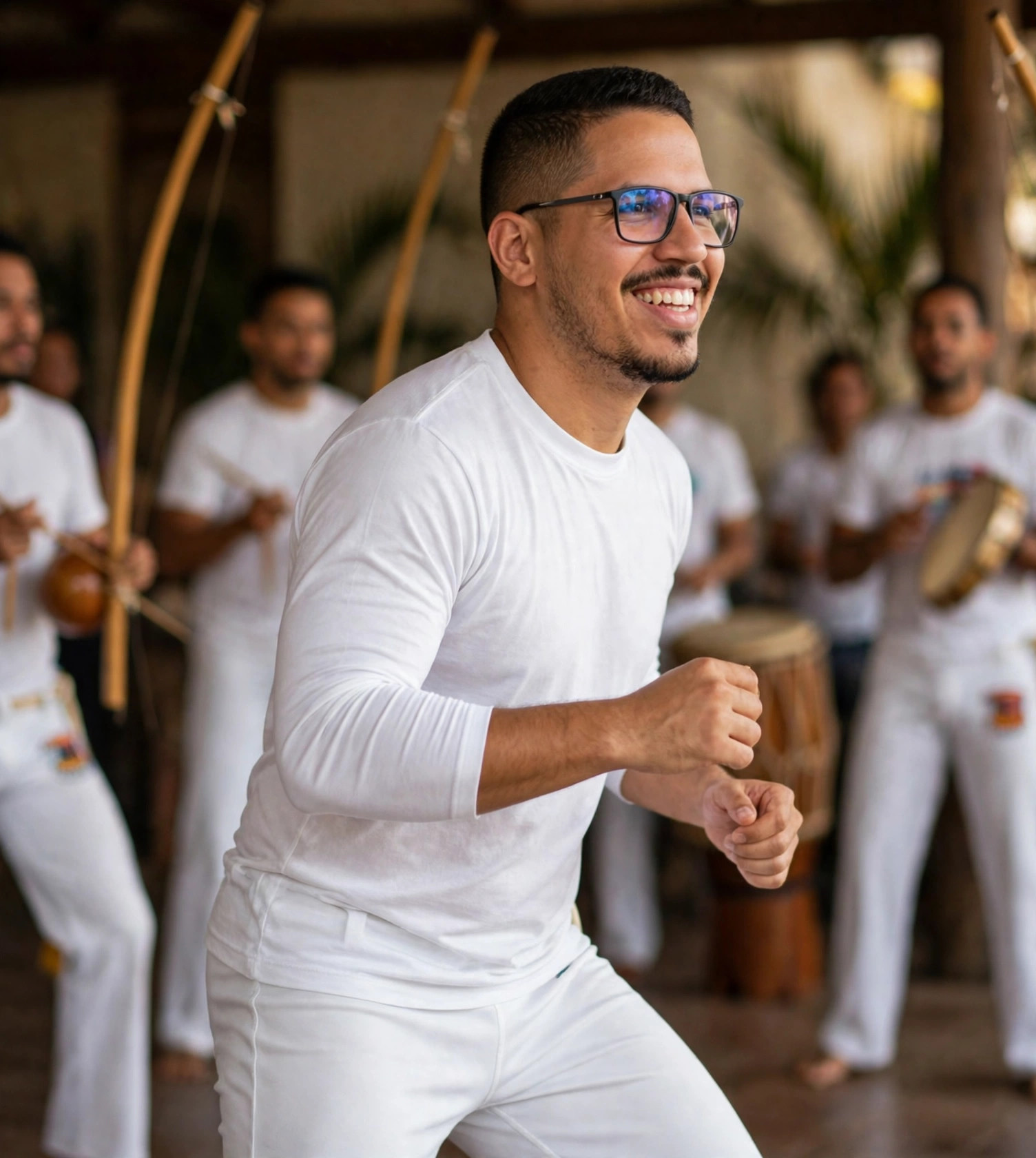 Julio Junior capoeirista, roupa branca sem texto, roda de capoeira ao fundo