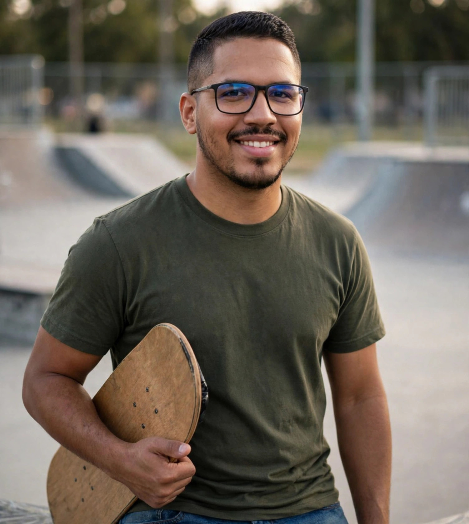 Julio Junior skatista, camiseta verde sem texto, skate na mão, pista de skate ao fundo