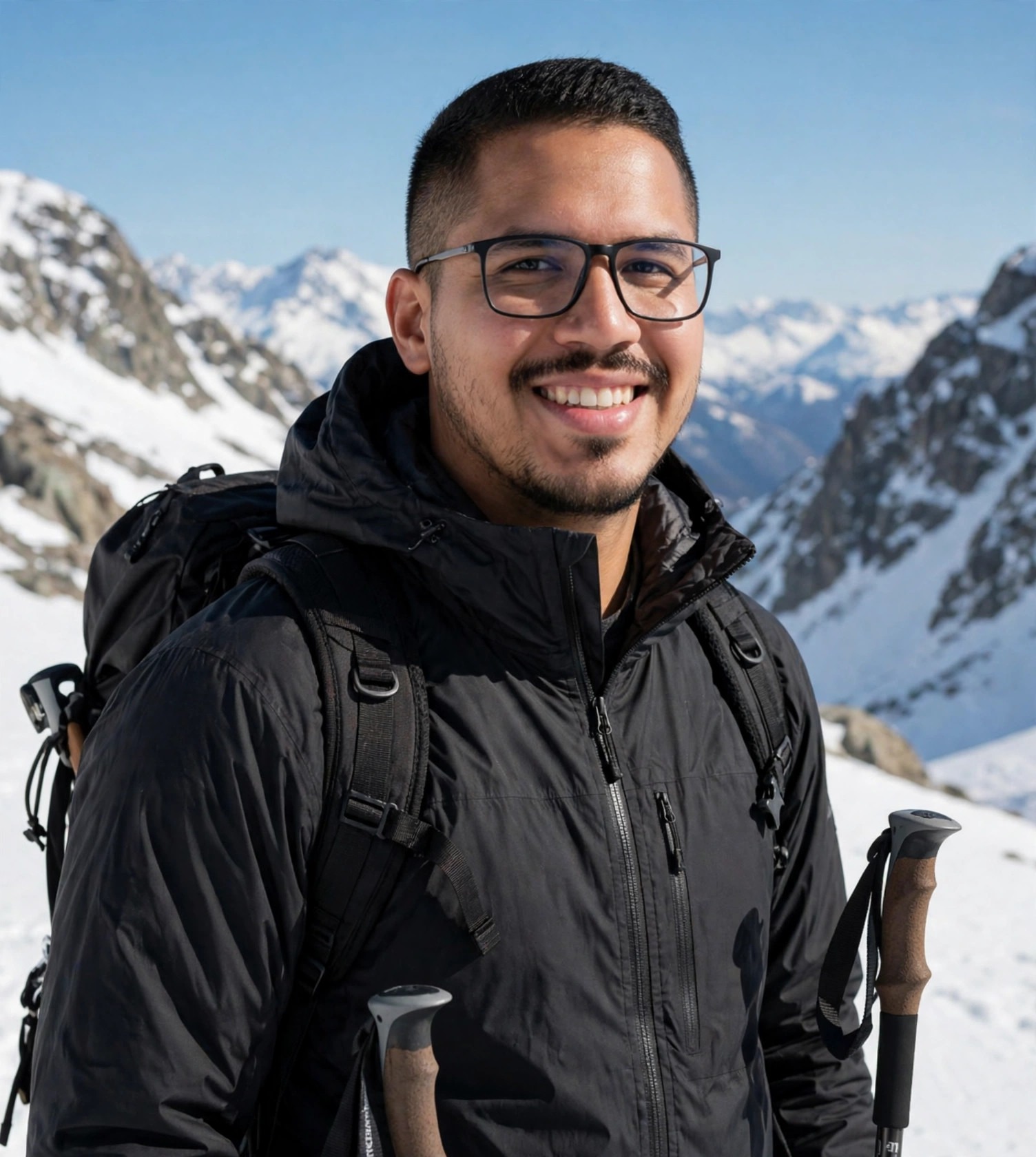 Julio Junior alpinista, jaqueta preta de montanhismo sem texto, mochila e bastões, montanha nevada ao fundo