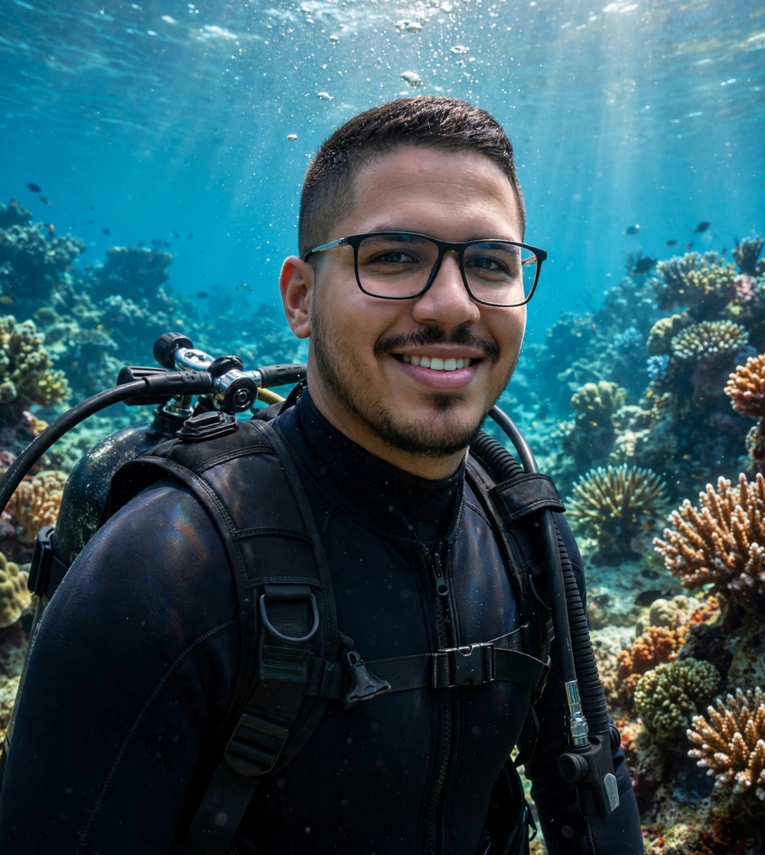 Julio Junior mergulhador, roupa de neoprene preta sem texto, cilindro nas costas, recife de coral ao fundo