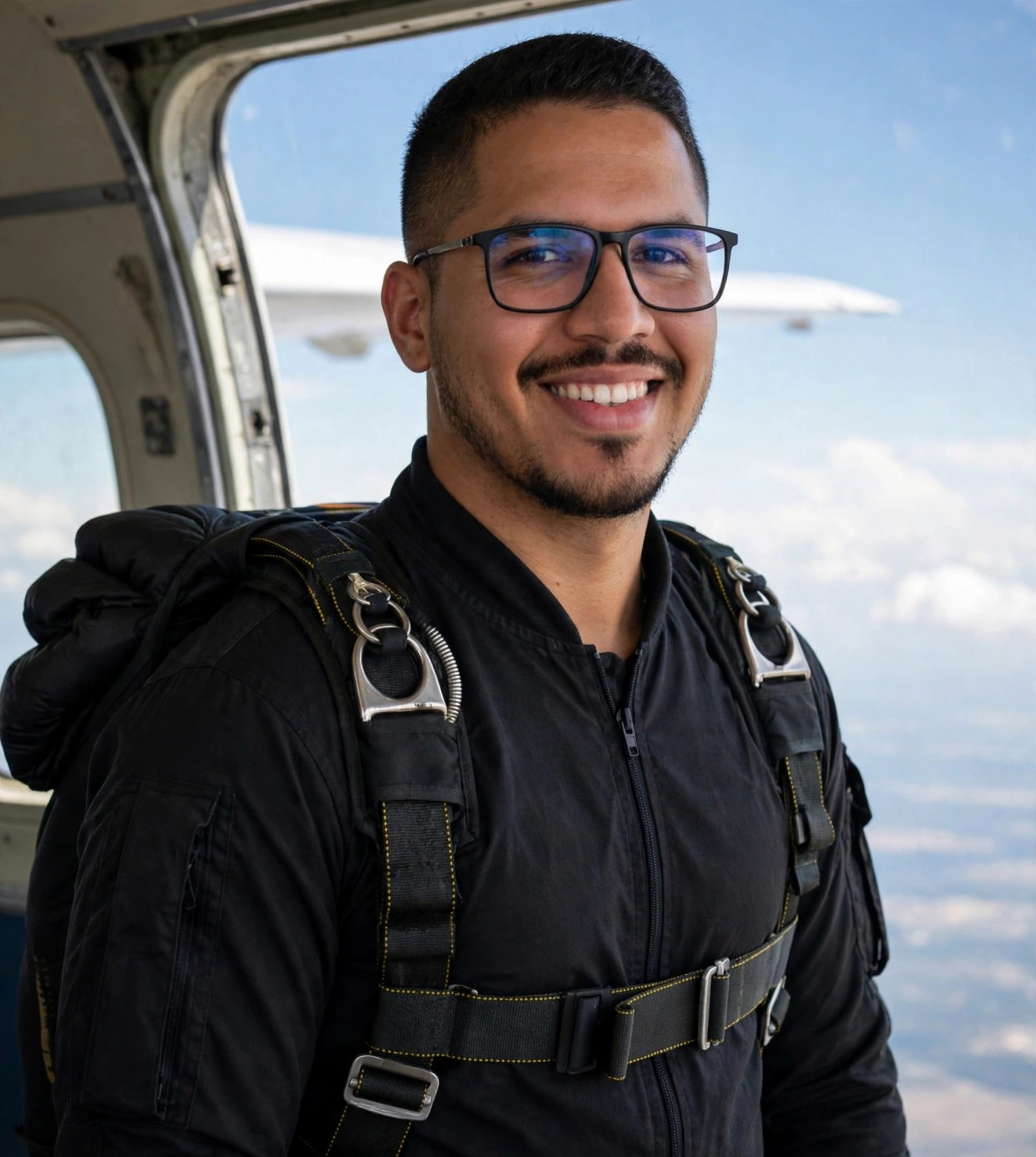 Julio Junior paraquedista, macacão preto sem texto, paraquedas nas costas, porta de avião ao fundo