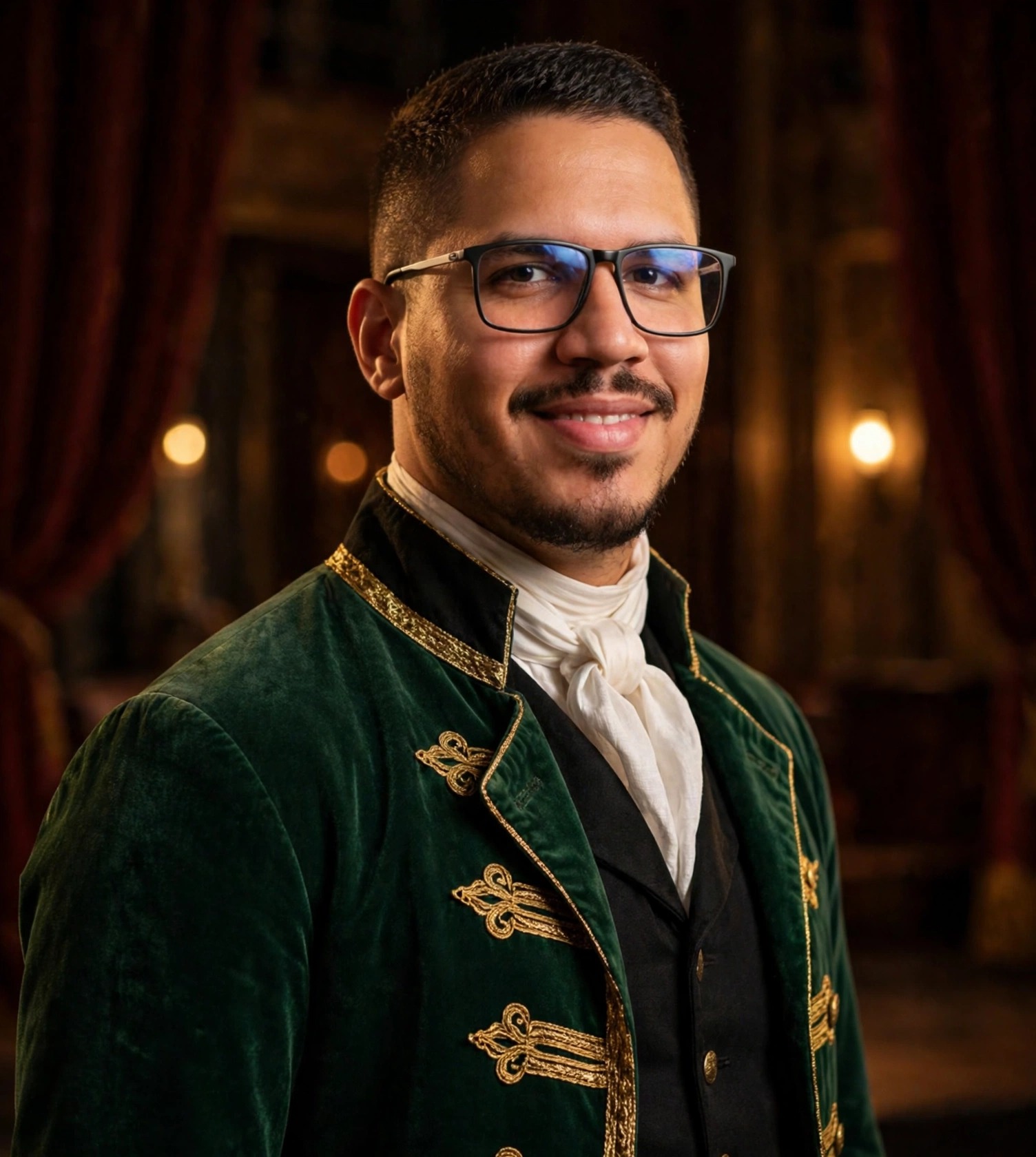 Julio Junior ator de teatro, figurino de época verde com bordados dourados, palco ao fundo